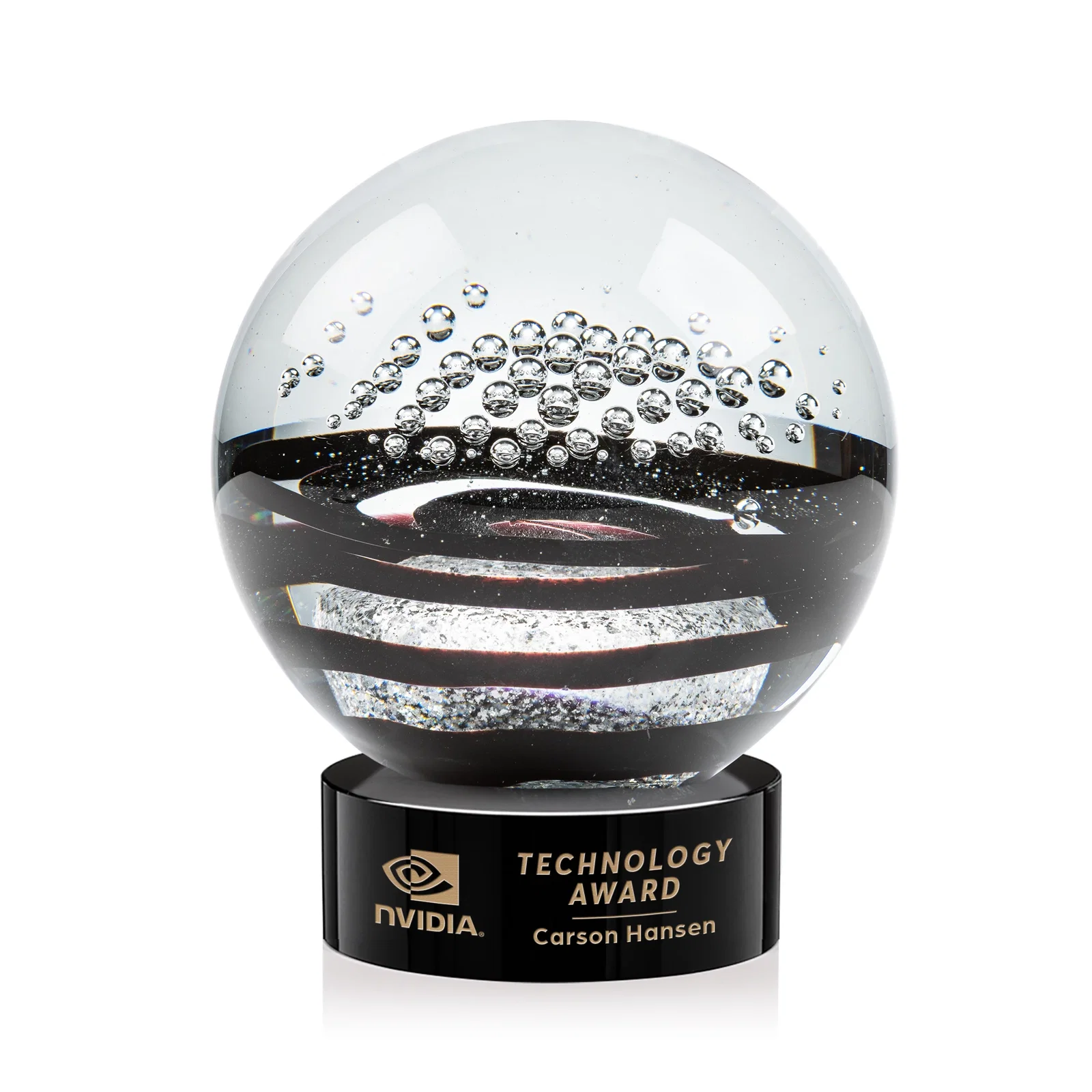 Custom Art Glass Sphere Award With Flowing Pattern and Suspended Bubbles for sales achievement awards