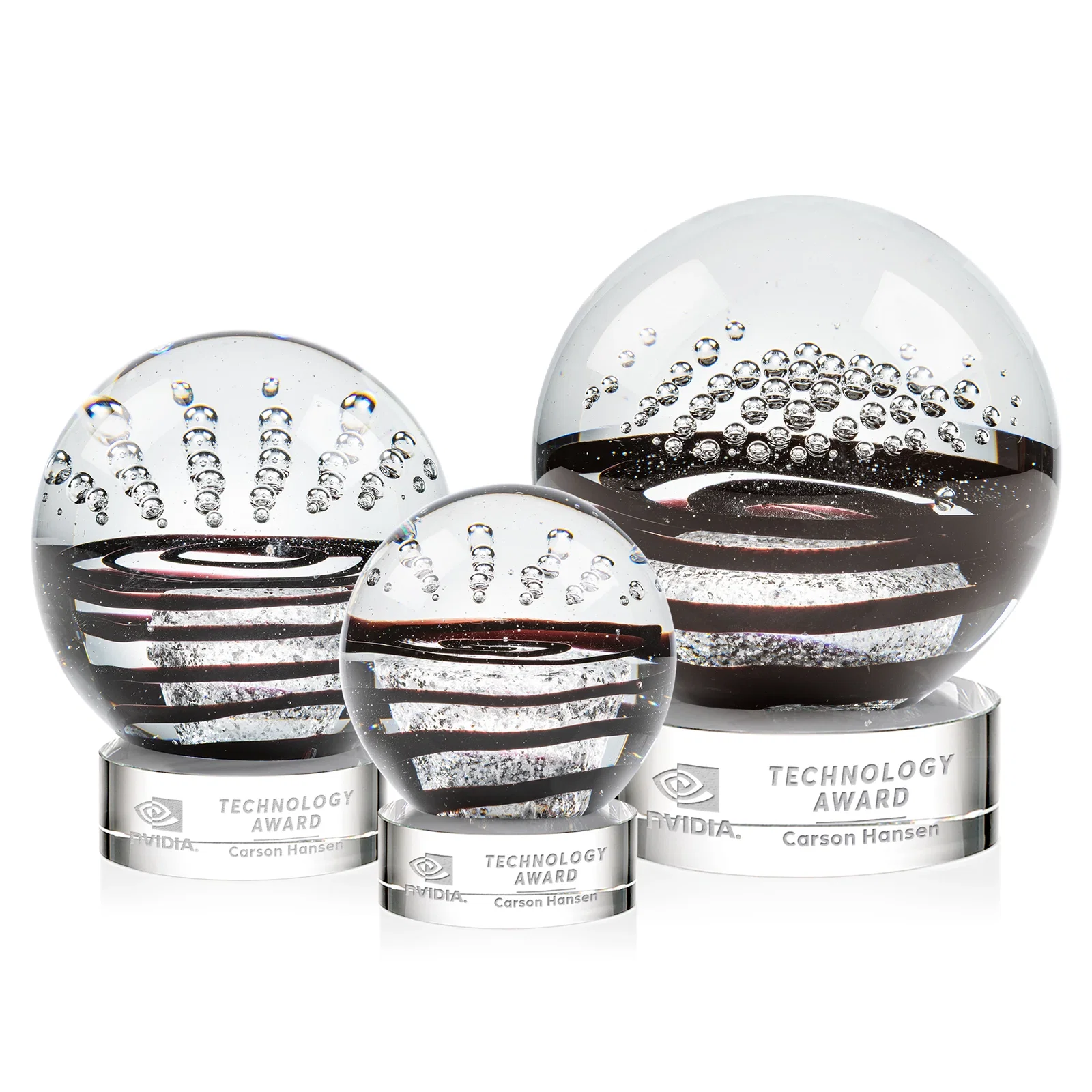 Custom Art Glass Sphere Award With Flowing Pattern and Suspended Bubbles for retirement presentations