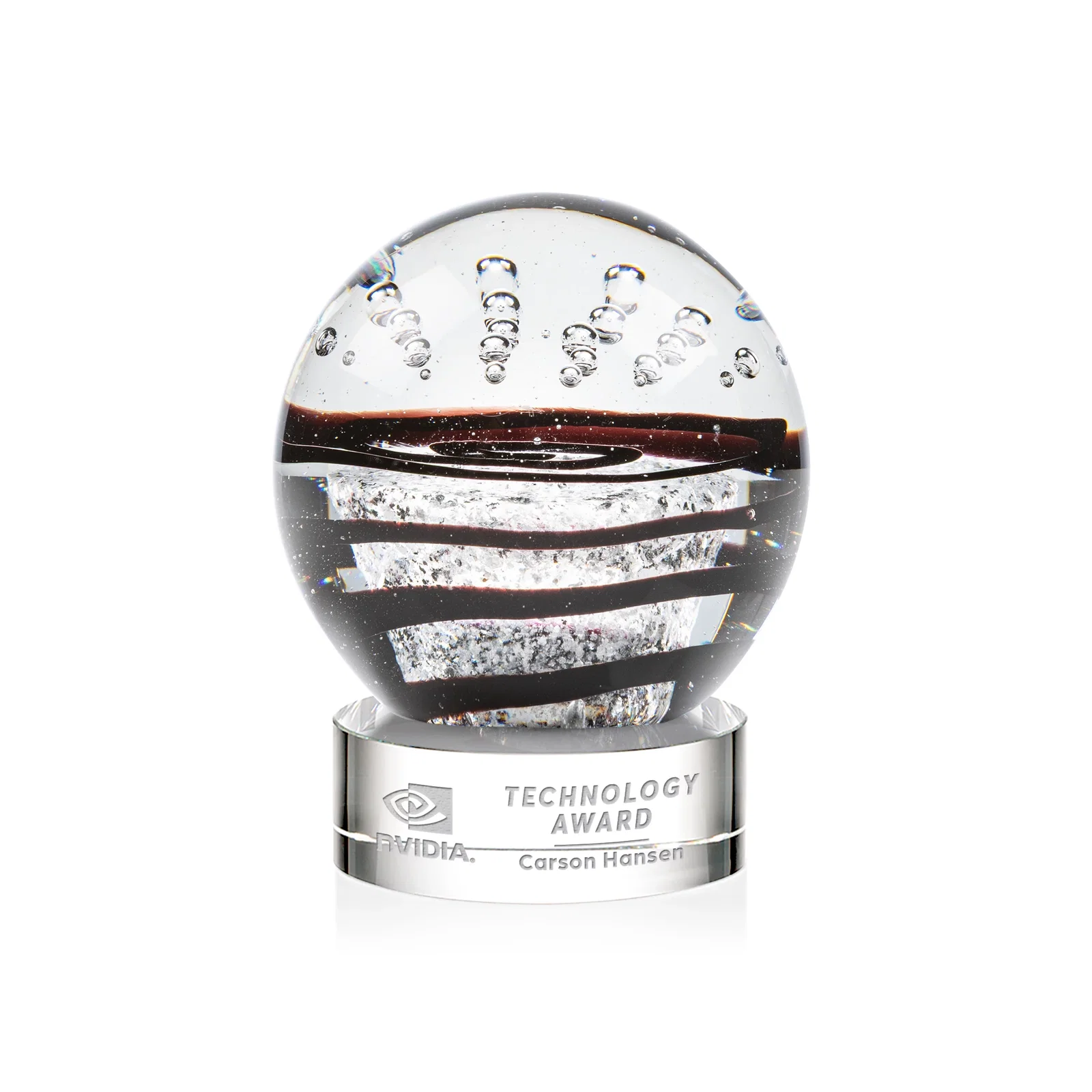Custom Art Glass Sphere Award With Flowing Pattern and Suspended Bubbles for team milestone celebrations