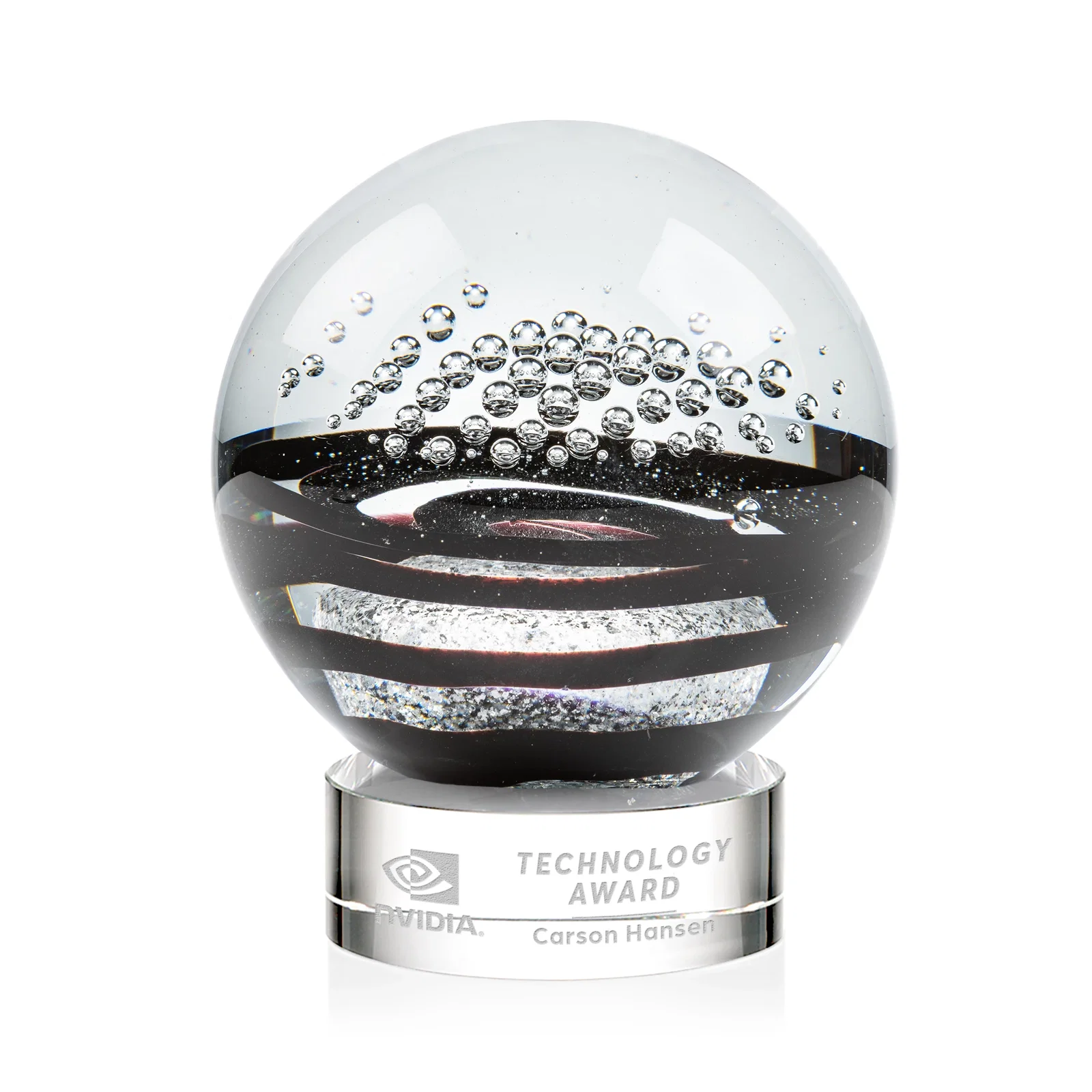 Custom Art Glass Sphere Award With Flowing Pattern and Suspended Bubbles for graduation ceremonies