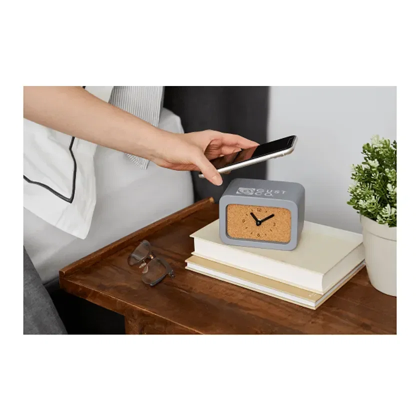 Stone Wireless Charging Desk Clock with Integrated Cable in use