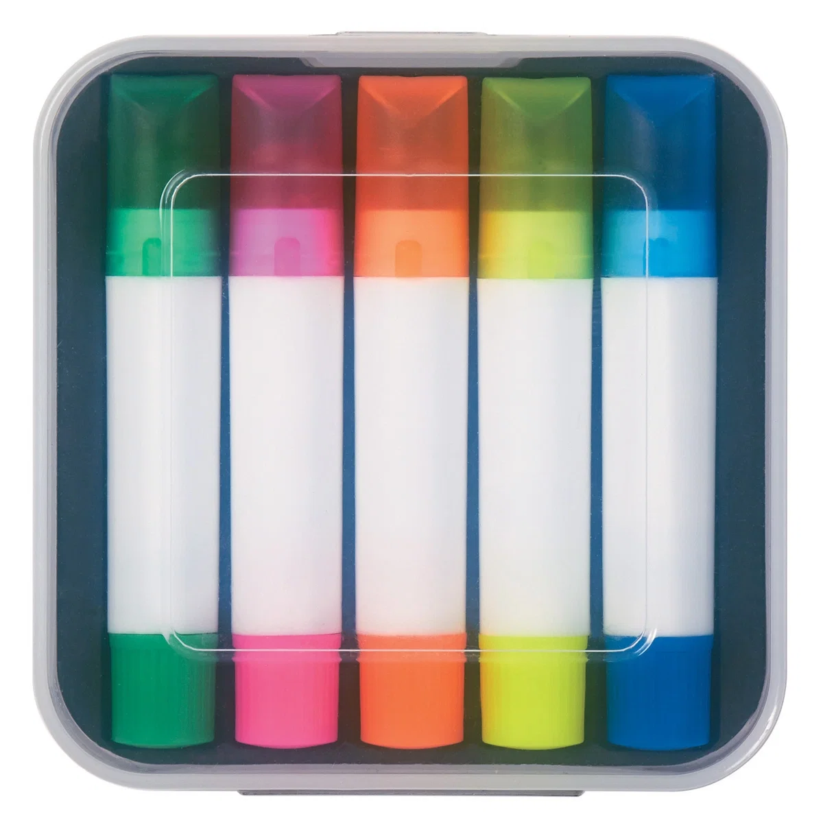 Case opened to show the crayon-style markers standing upright