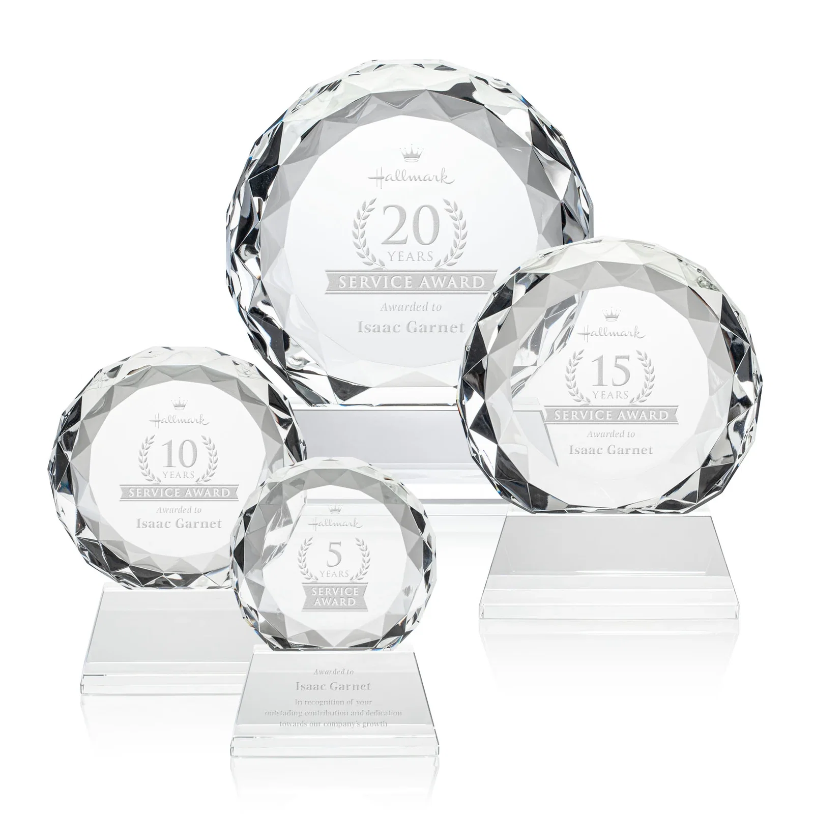 Custom Optical Crystal Diamond Award, Gem-Cut Facets on a Tall Base for employee recognition