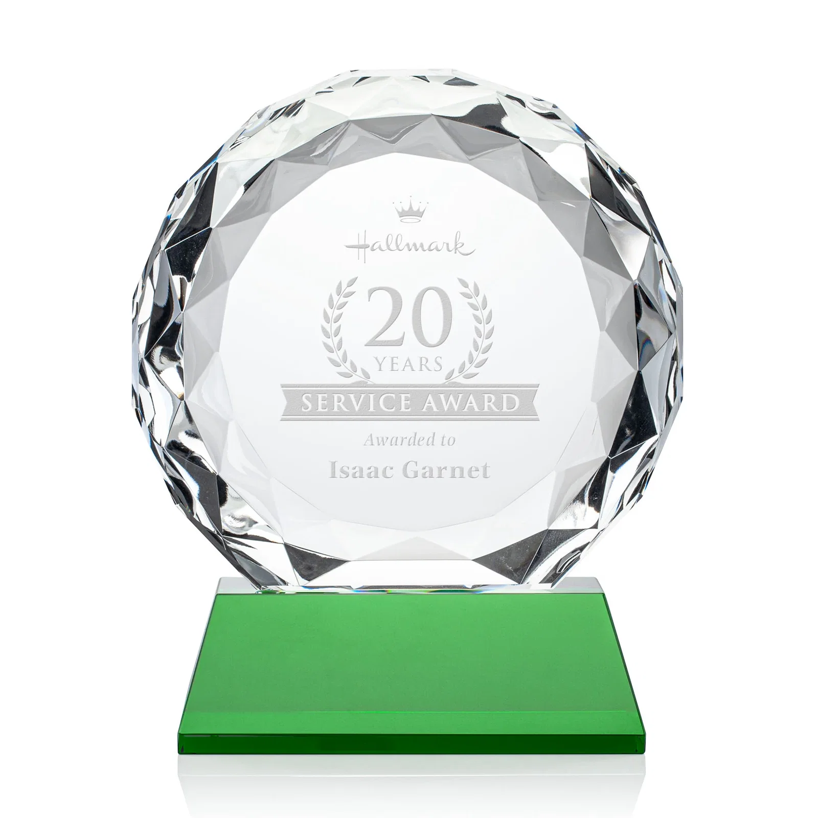 Custom Optical Crystal Diamond Award, Gem-Cut Facets on a Tall Base for volunteer appreciation