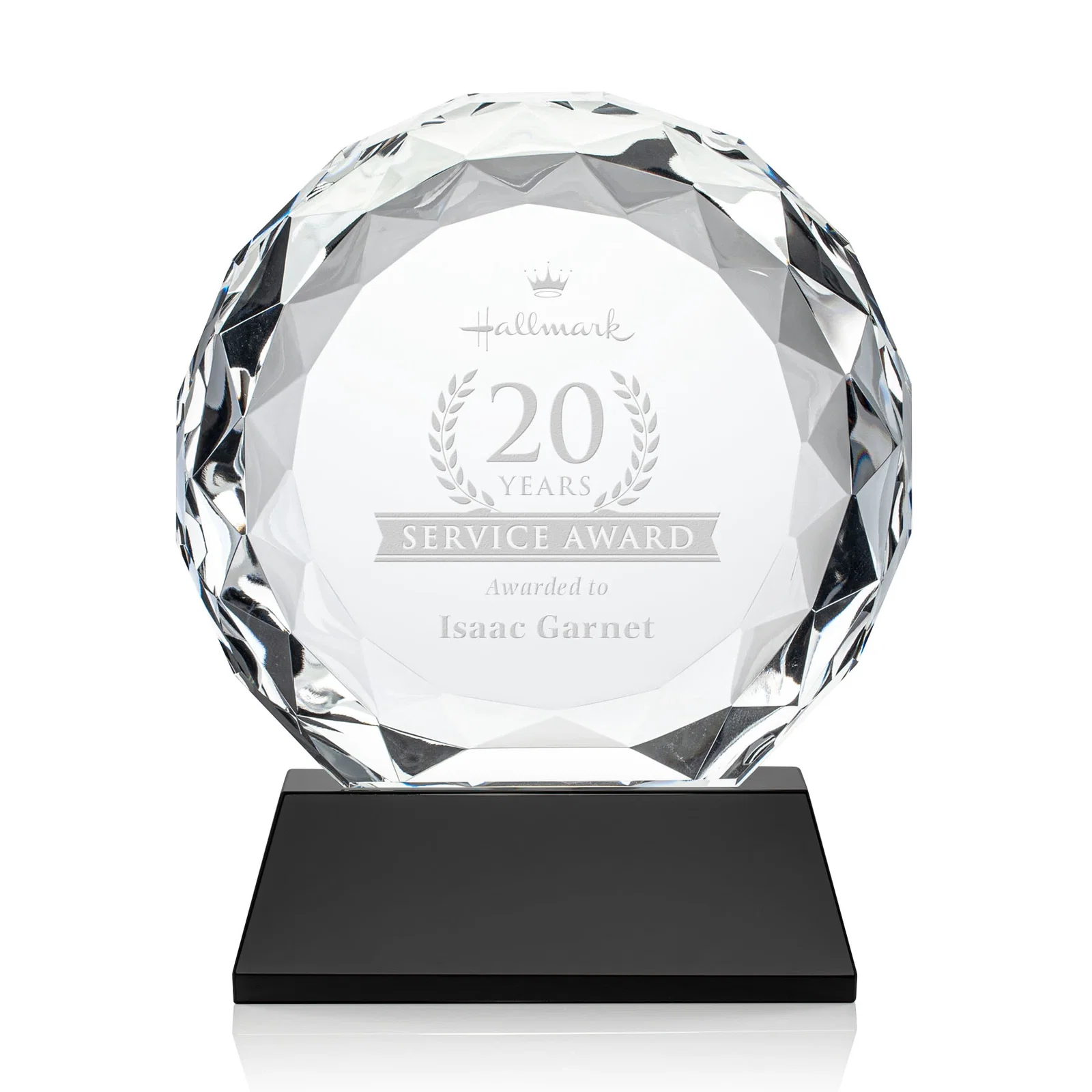 Personalized Optical Crystal Diamond Award, Gem-Cut Facets on a Tall Base for service anniversary gifts
