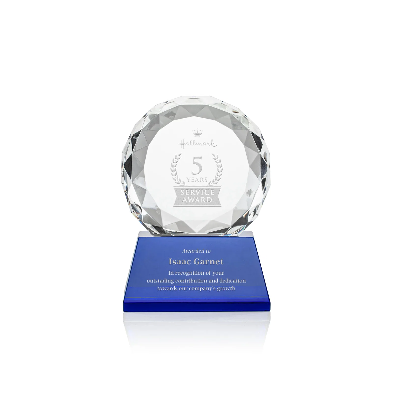 Personalized Optical Crystal Diamond Award, Gem-Cut Facets on a Tall Base for retirement presentations
