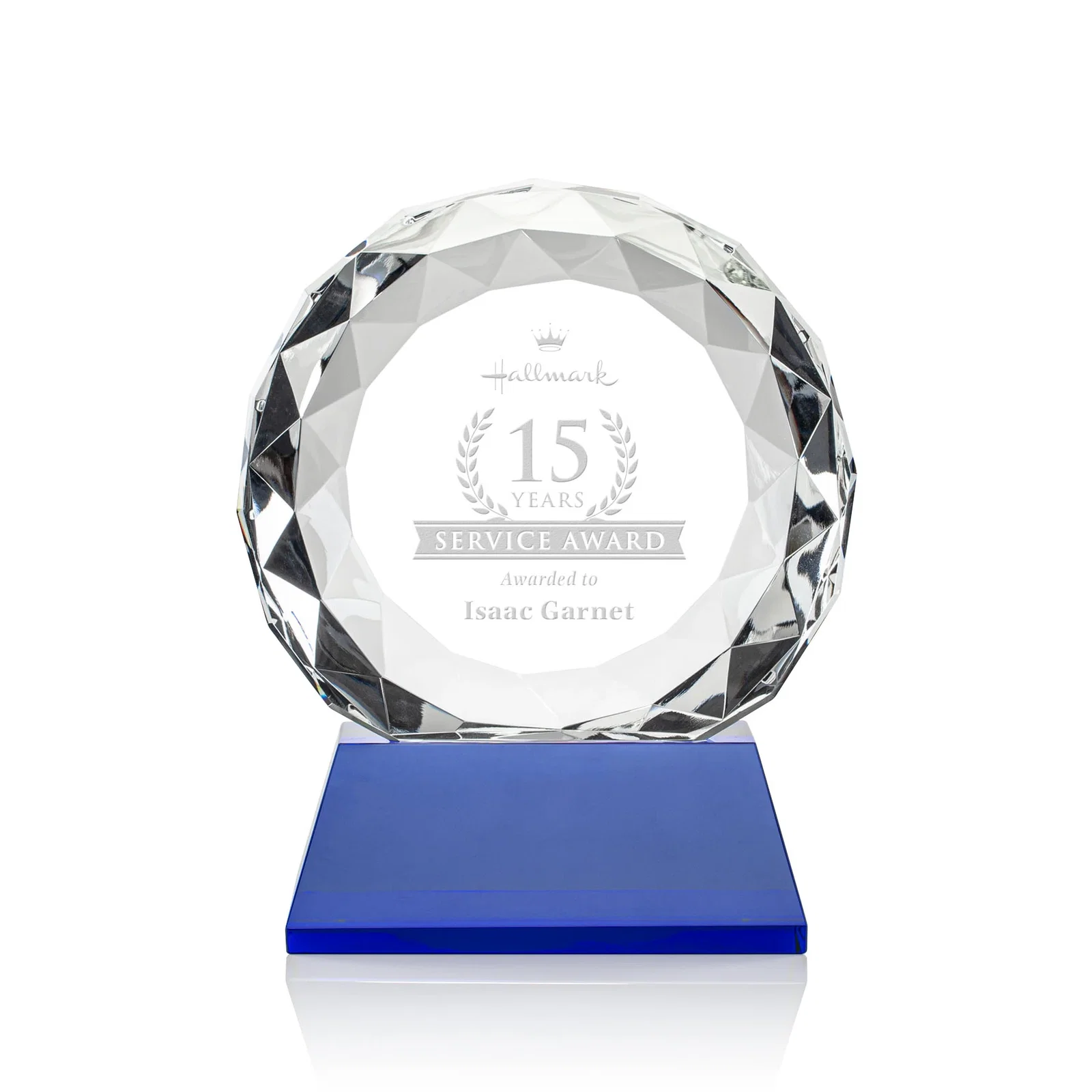 Personalized Optical Crystal Diamond Award, Gem-Cut Facets on a Tall Base for donor appreciation