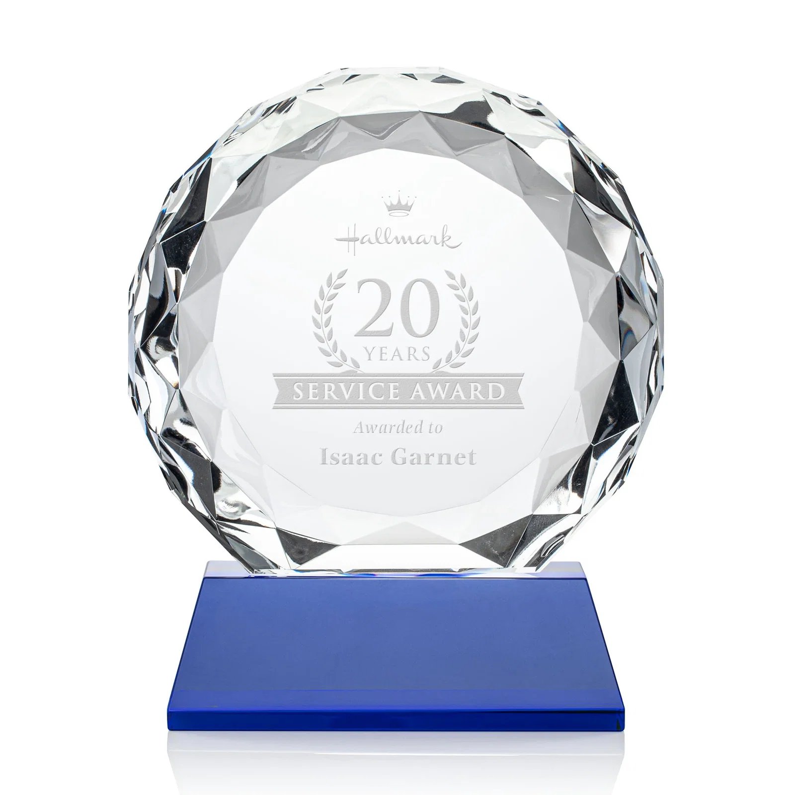 Personalized Optical Crystal Diamond Award, Gem-Cut Facets on a Tall Base for graduation ceremonies
