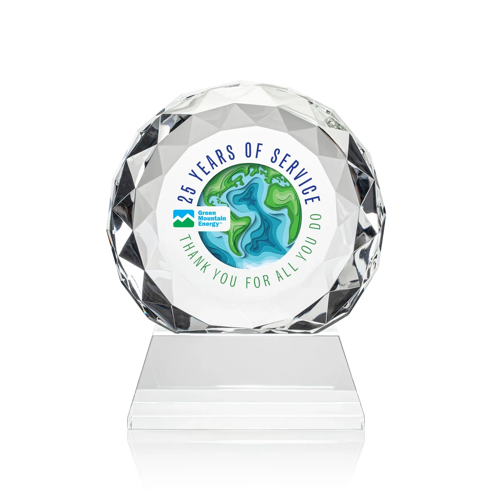 Promotional Optical Crystal Diamond Award, Gem-Cut Facets on a Tall Base for retirement presentations