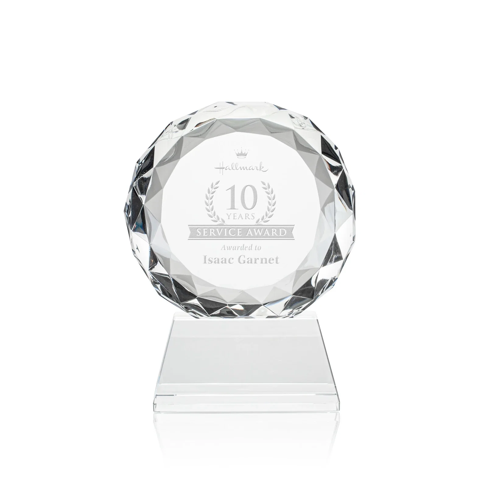 Custom Optical Crystal Diamond Award, Gem-Cut Facets on a Tall Base for service anniversary gifts