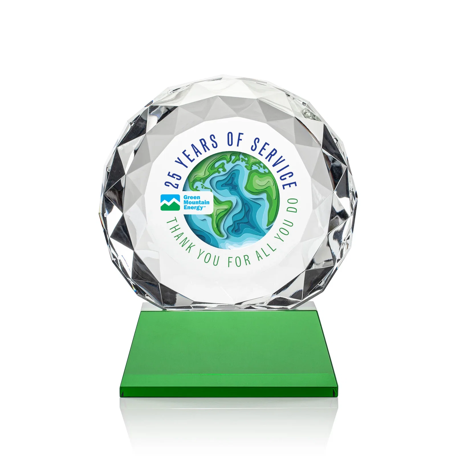 Promotional Optical Crystal Diamond Award, Gem-Cut Facets on a Tall Base for volunteer appreciation