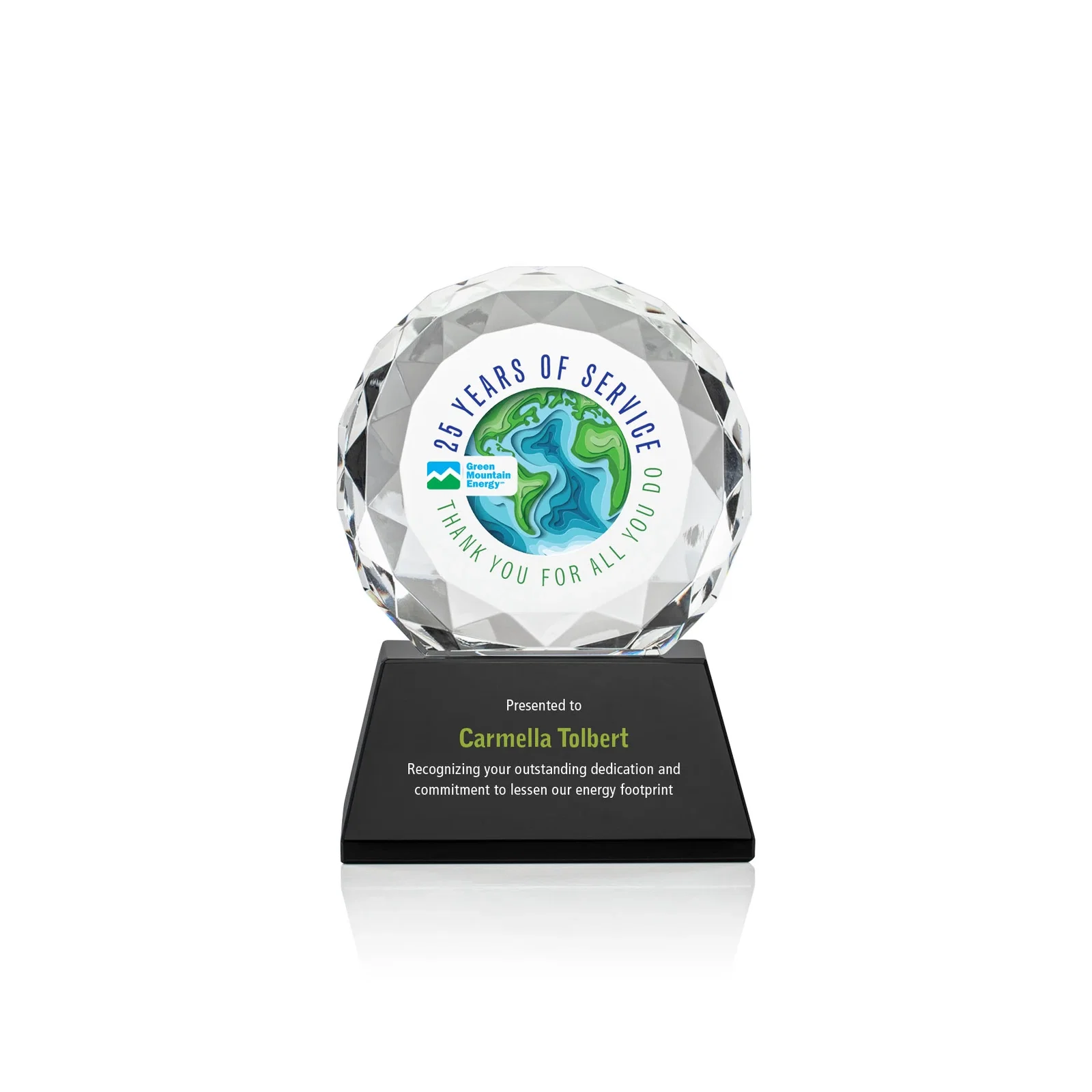 Branded Optical Crystal Diamond Award, Gem-Cut Facets on a Tall Base for employee recognition