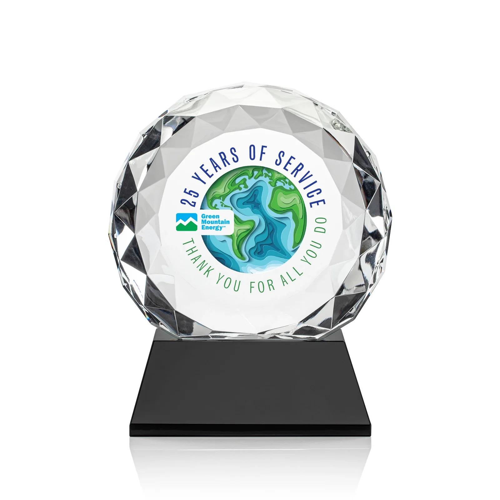 Branded Optical Crystal Diamond Award, Gem-Cut Facets on a Tall Base for service anniversary gifts