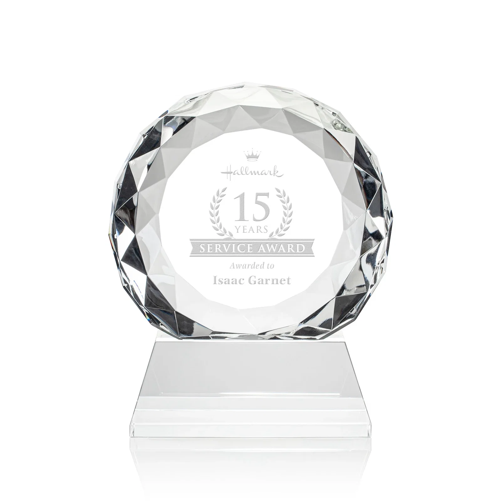 Custom Optical Crystal Diamond Award, Gem-Cut Facets on a Tall Base for sales achievement awards