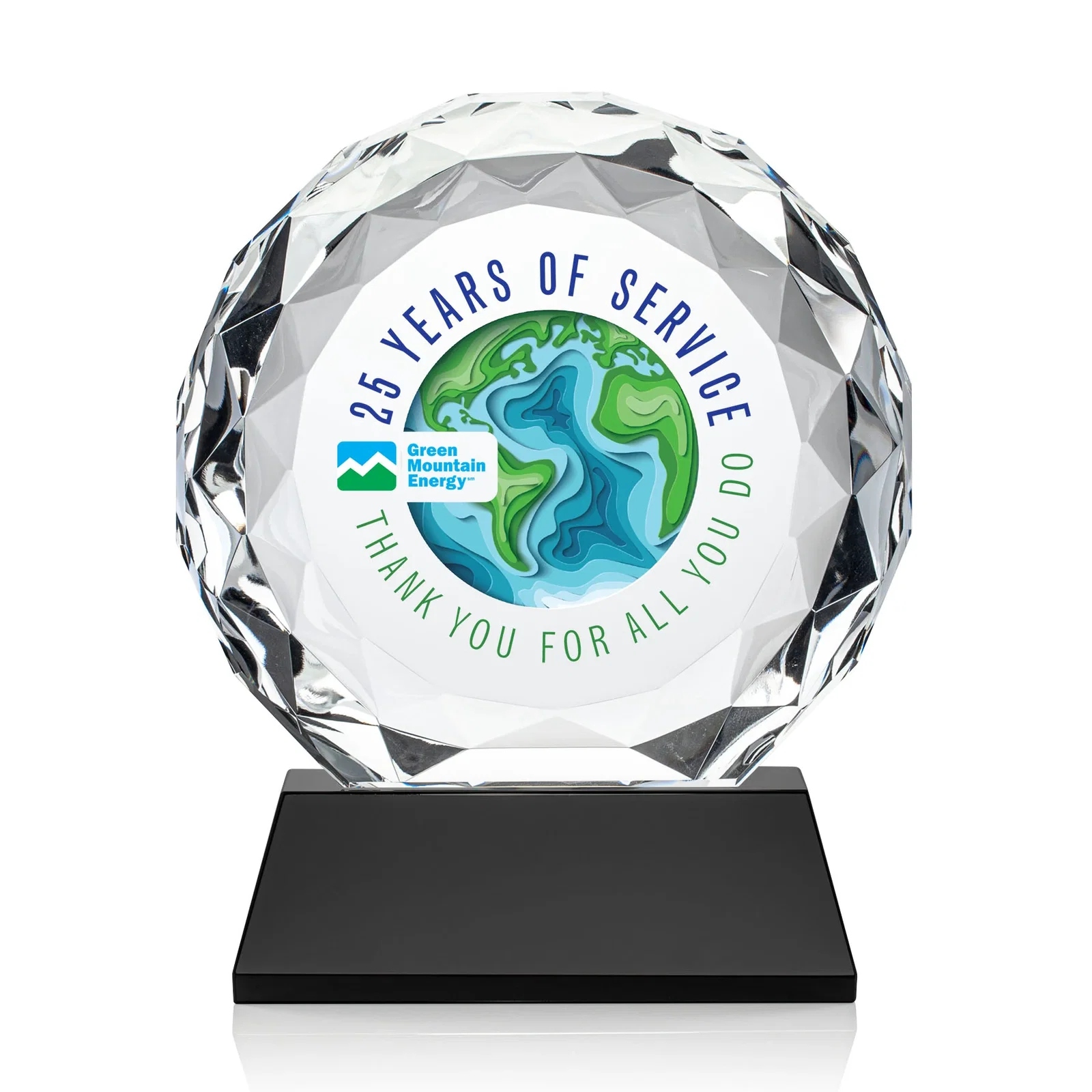 Branded Optical Crystal Diamond Award, Gem-Cut Facets on a Tall Base for sales achievement awards