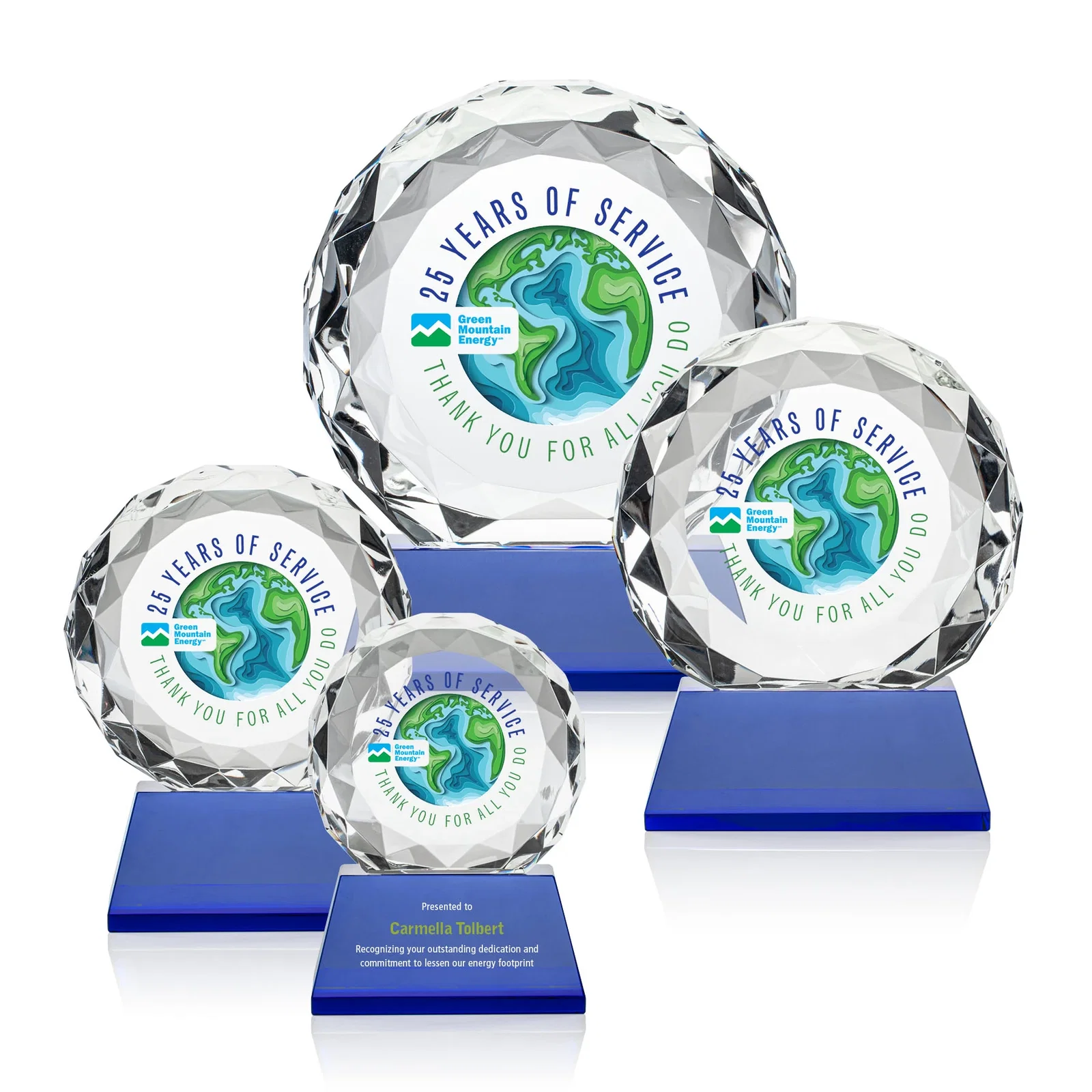 Branded Optical Crystal Diamond Award, Gem-Cut Facets on a Tall Base for retirement presentations