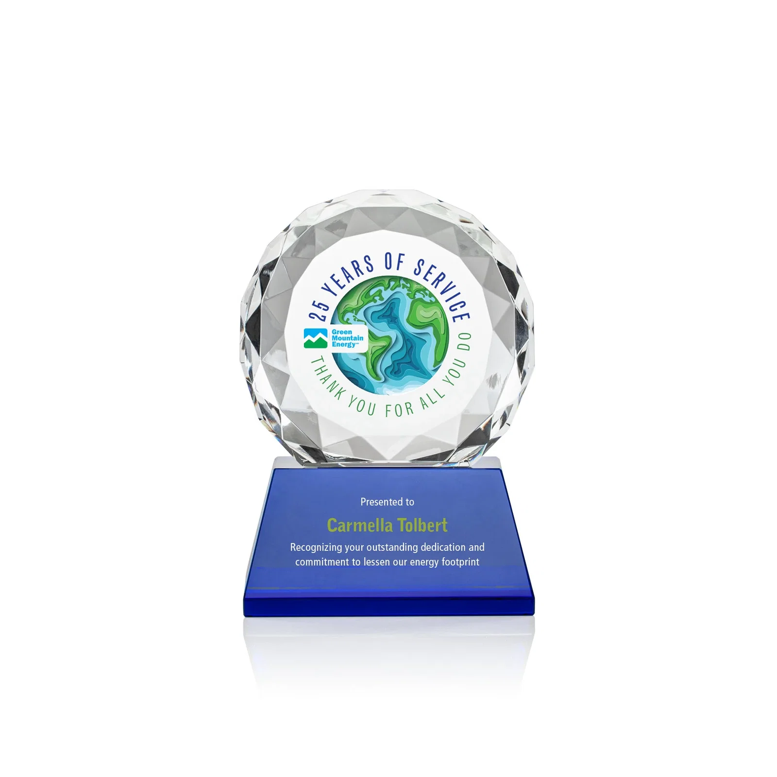 Branded Optical Crystal Diamond Award, Gem-Cut Facets on a Tall Base for team milestone celebrations