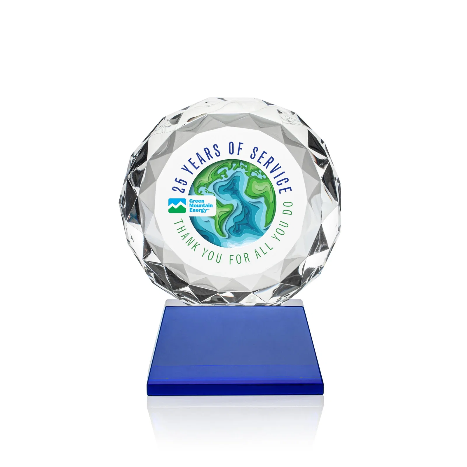 Branded Optical Crystal Diamond Award, Gem-Cut Facets on a Tall Base for donor appreciation