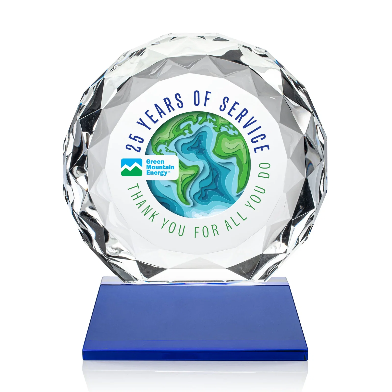 Branded Optical Crystal Diamond Award, Gem-Cut Facets on a Tall Base for safety achievement programs