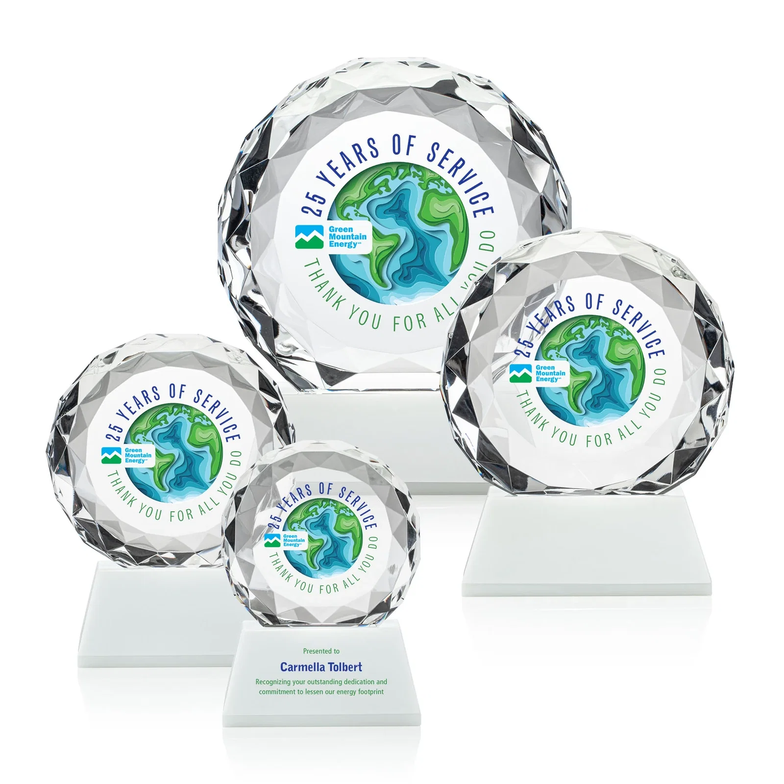 Branded Optical Crystal Diamond Award, Gem-Cut Facets on a Tall Base for volunteer appreciation