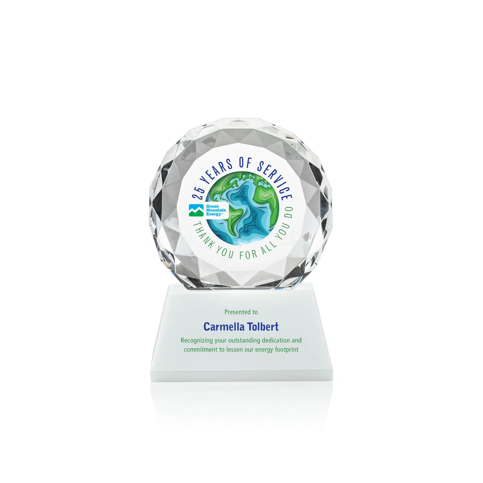Branded Optical Crystal Diamond Award, Gem-Cut Facets on a Tall Base for dealer and partner awards