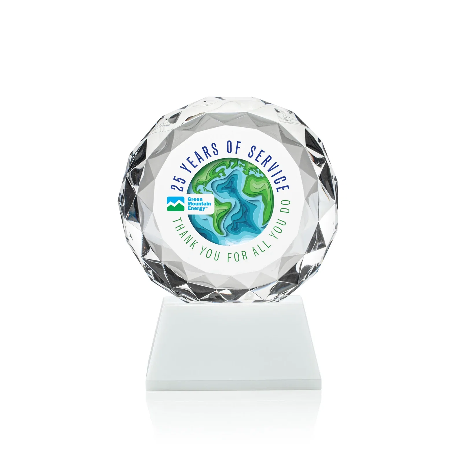 Branded Optical Crystal Diamond Award, Gem-Cut Facets on a Tall Base for company anniversary events