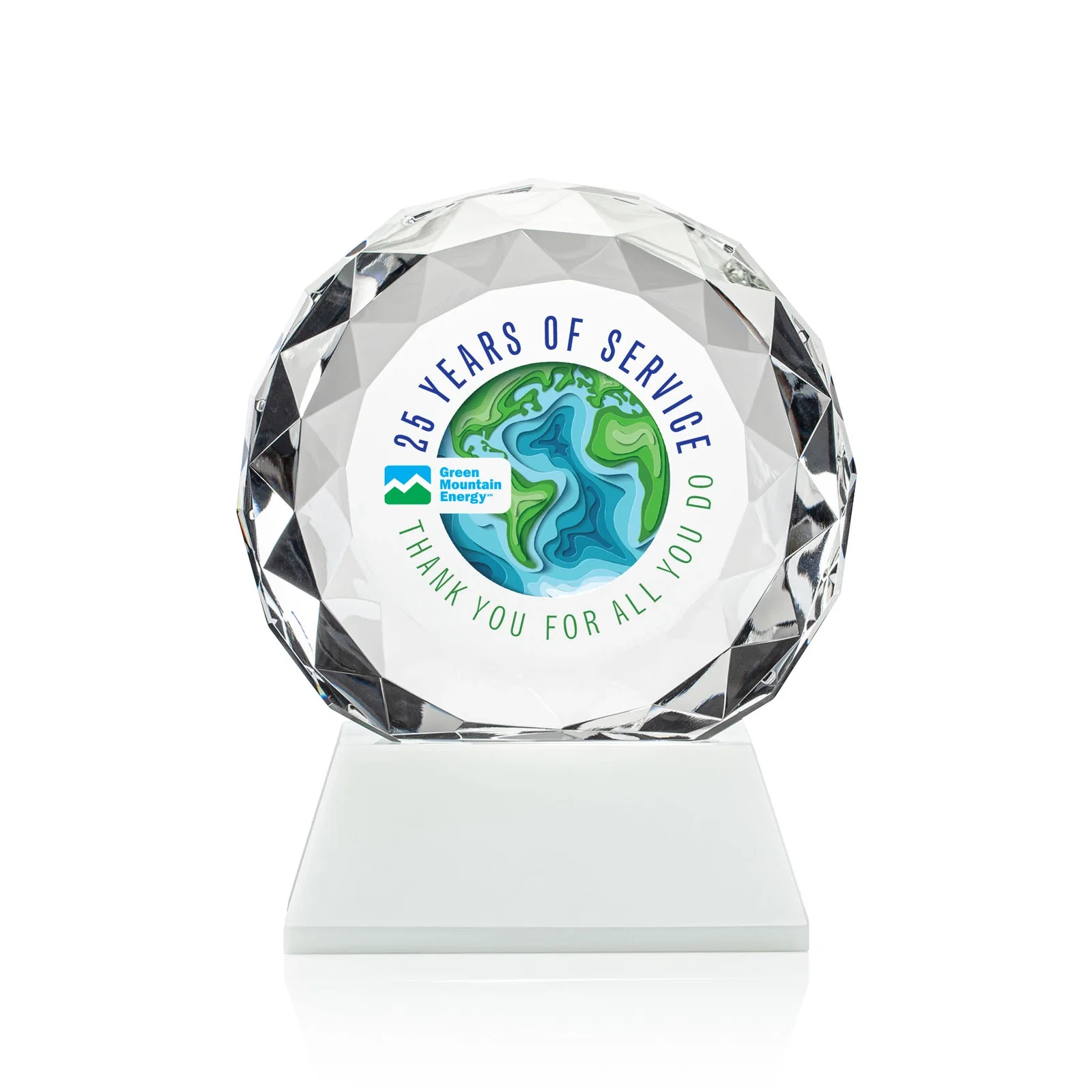 Custom printed Optical Crystal Diamond Award, Gem-Cut Facets on a Tall Base for employee recognition