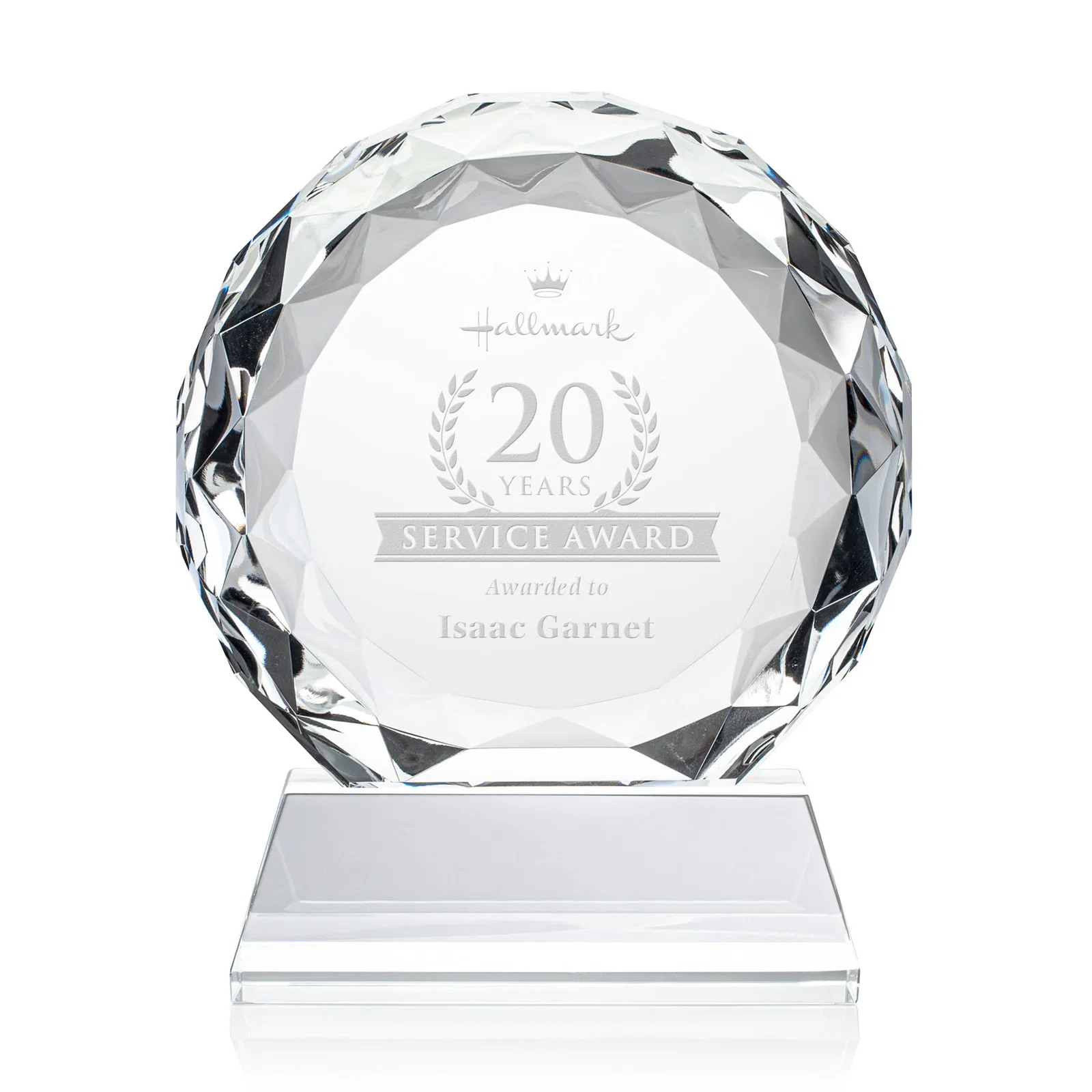 Custom Optical Crystal Diamond Award, Gem-Cut Facets on a Tall Base for retirement presentations