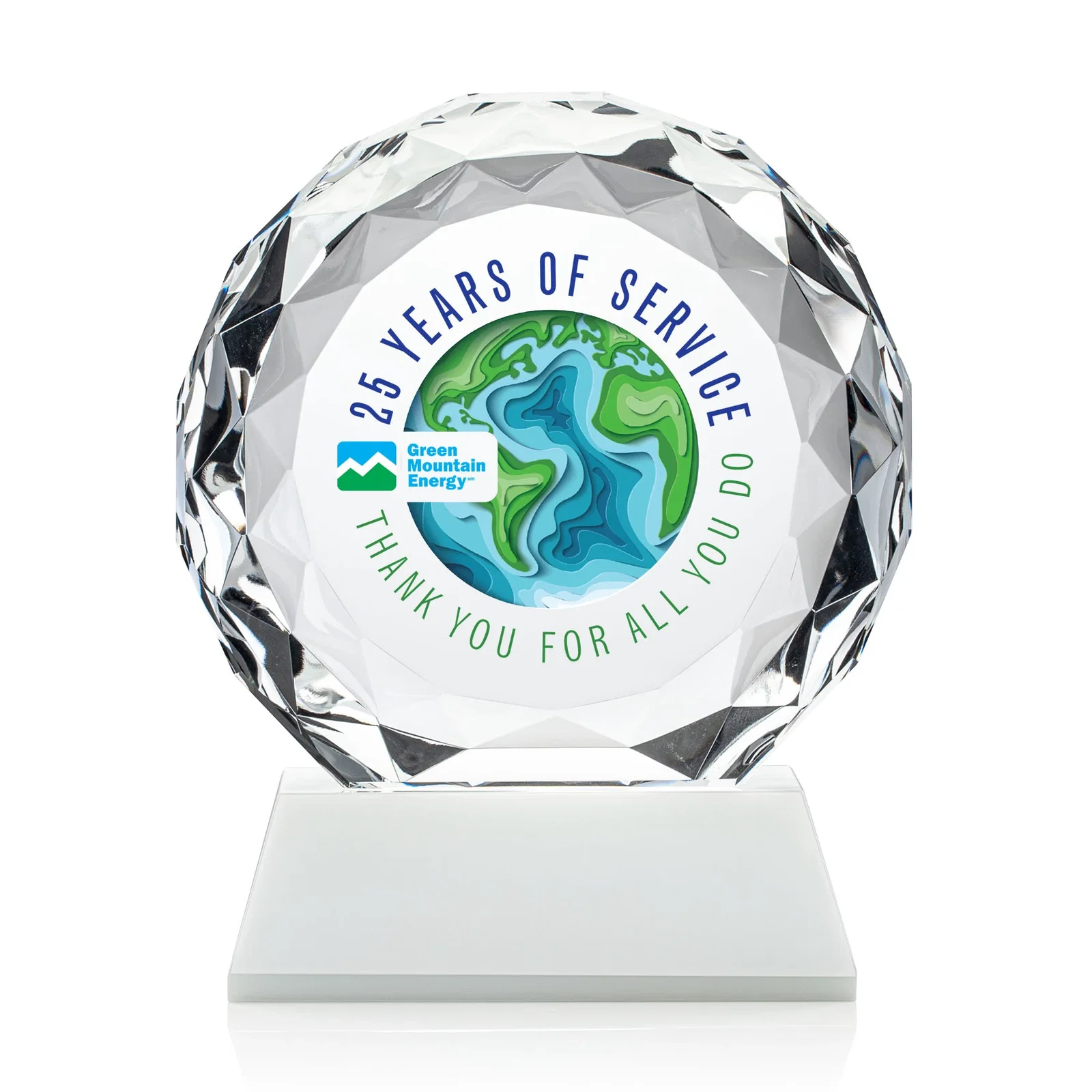 Custom printed Optical Crystal Diamond Award, Gem-Cut Facets on a Tall Base for corporate award ceremonies