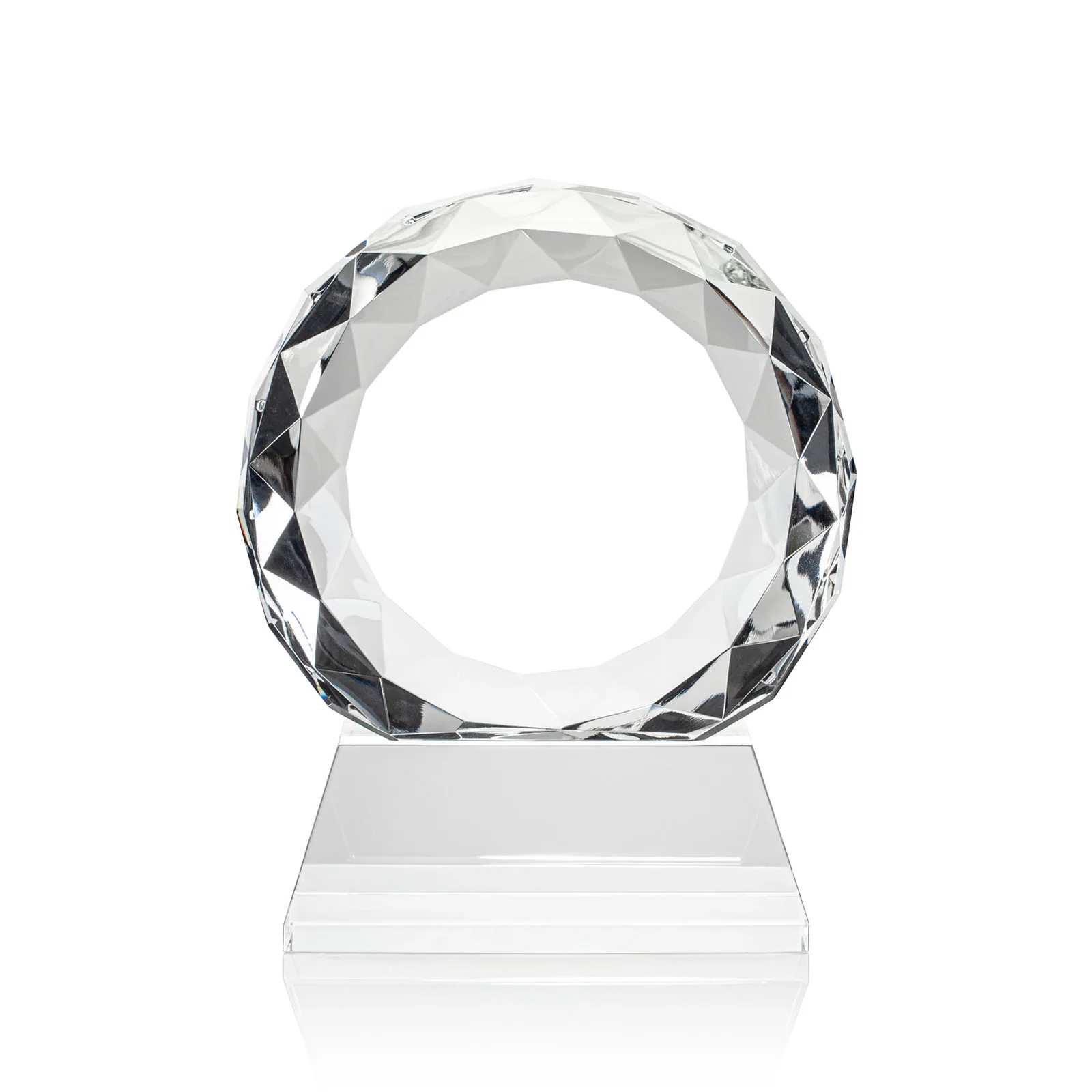 Custom printed Optical Crystal Diamond Award, Gem-Cut Facets on a Tall Base for retirement presentations