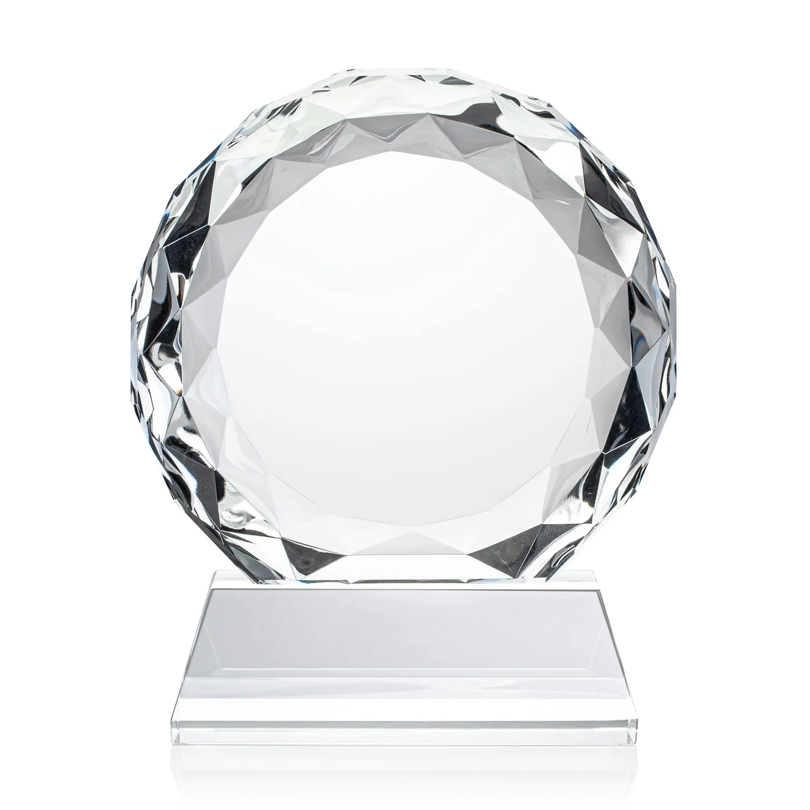 Custom printed Optical Crystal Diamond Award, Gem-Cut Facets on a Tall Base for team milestone celebrations