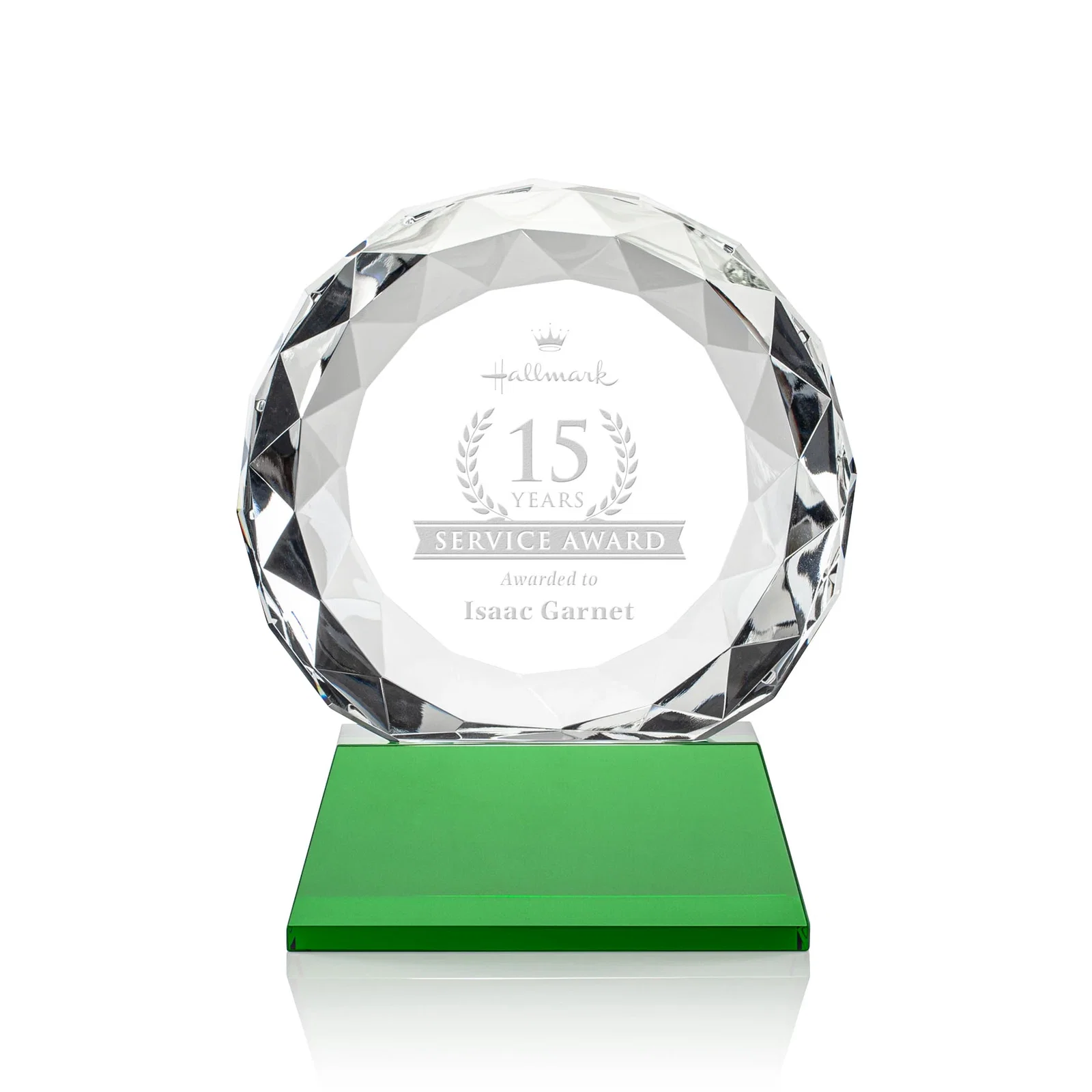 Custom Optical Crystal Diamond Award, Gem-Cut Facets on a Tall Base for safety achievement programs