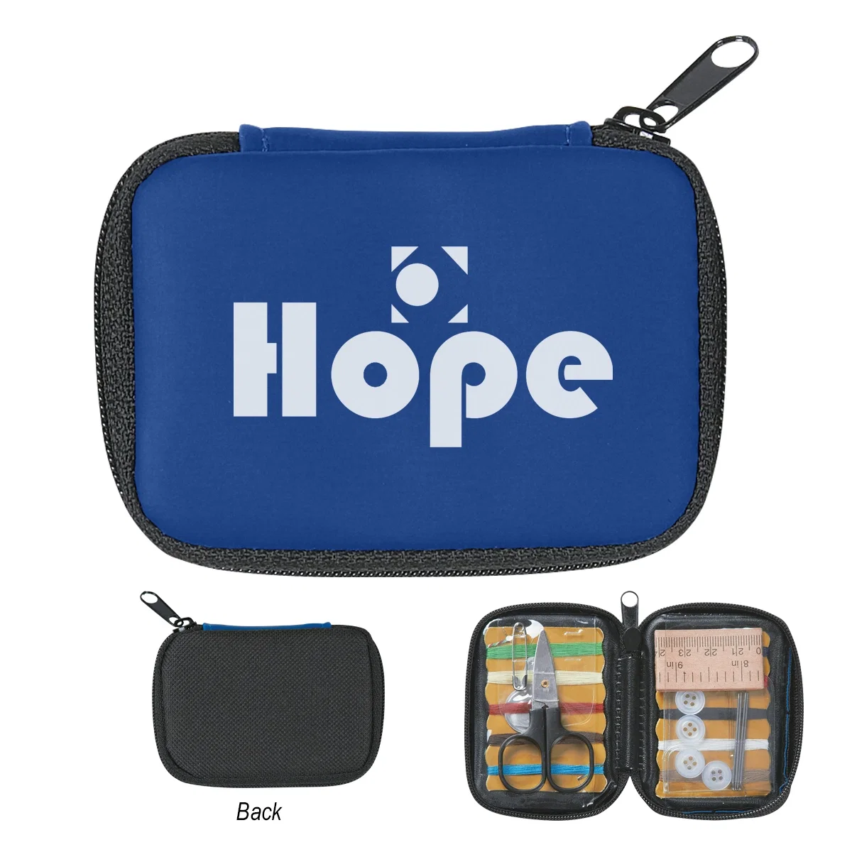 Black zippered pouch closed, sized to fit inside a purse