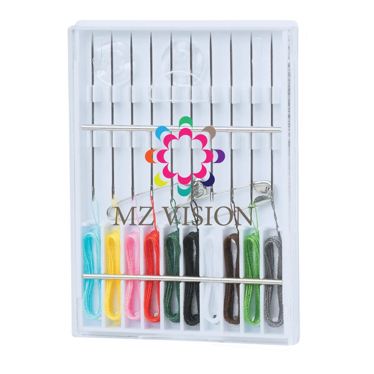 Clear sewing kit holding pre-threaded needles in a slim case