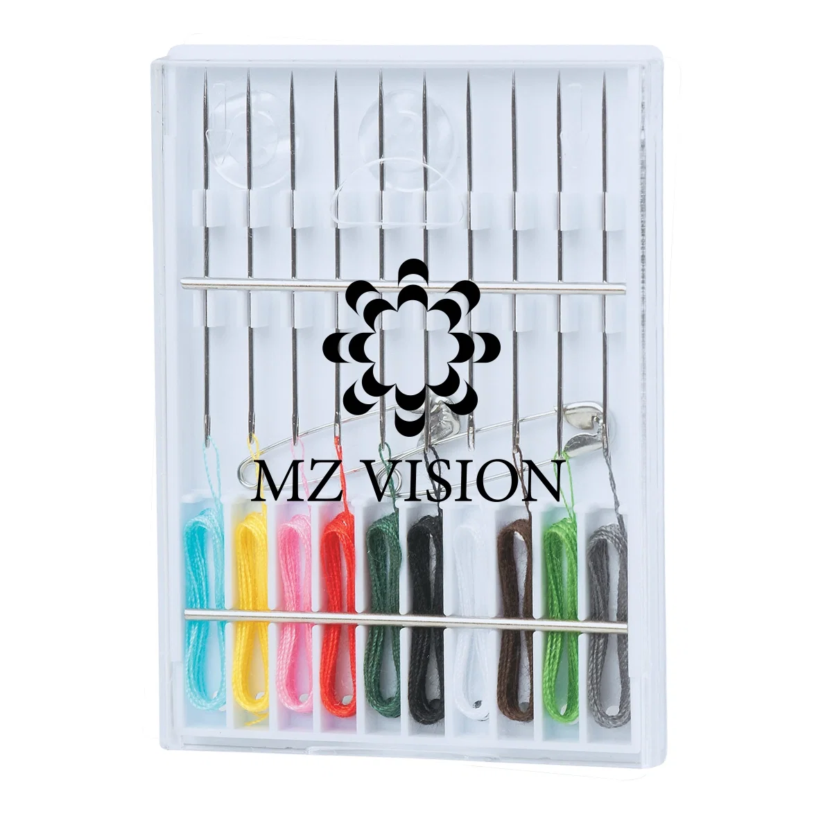 Threaded needles line up inside the transparent holder