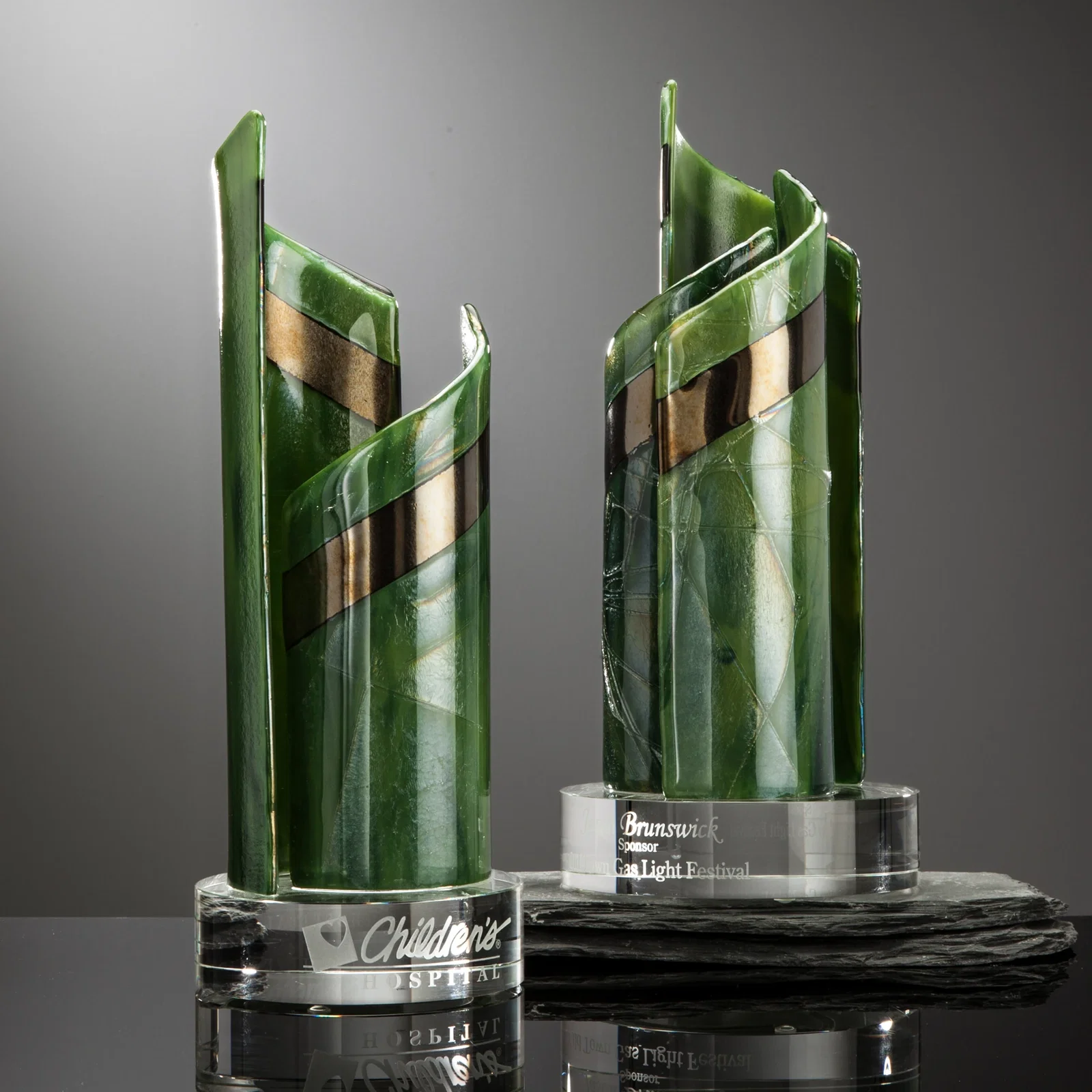 Custom Fused Glass Spiral Award With Two or Three Curved Panels for sales achievement awards