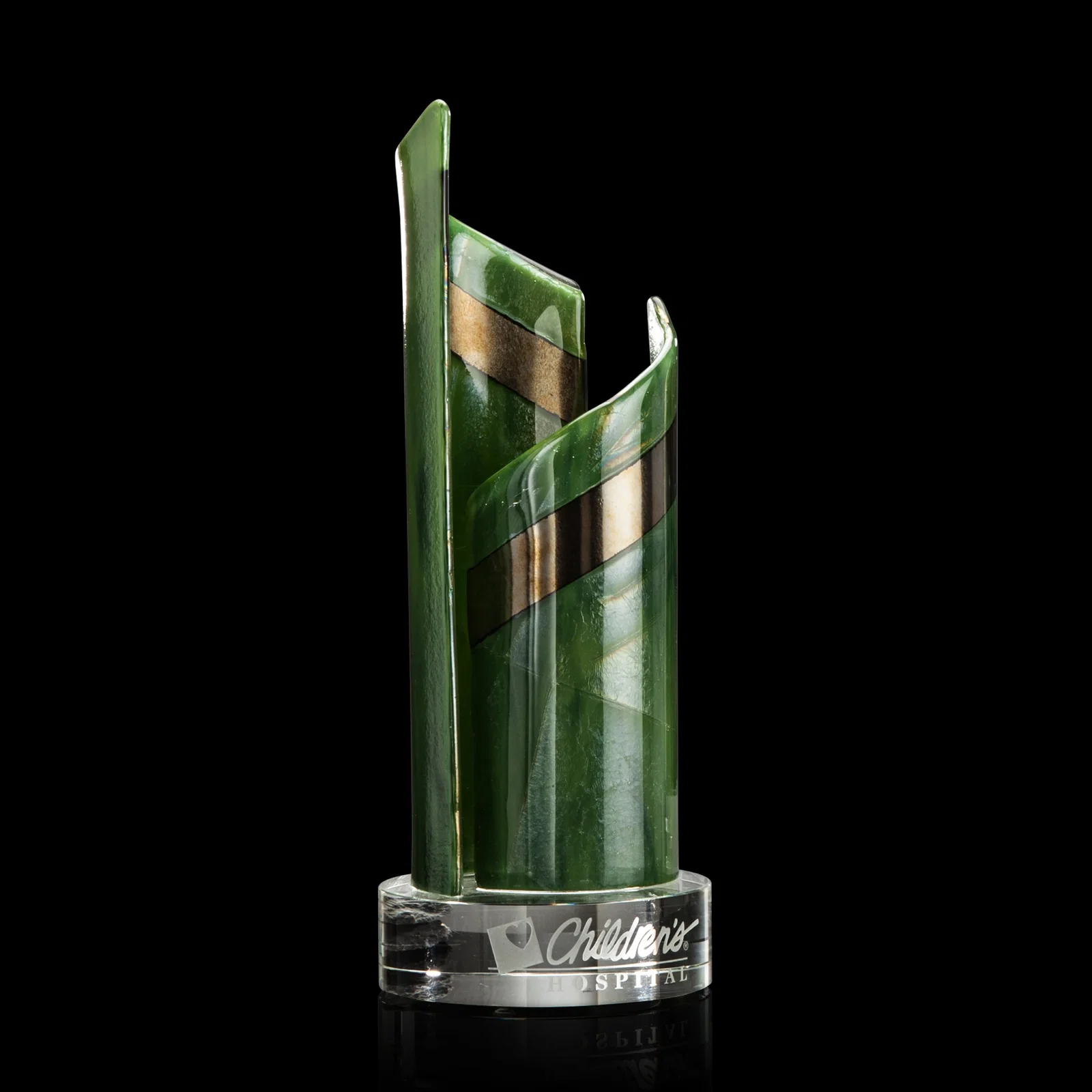 Custom Fused Glass Spiral Award With Two or Three Curved Panels for retirement presentations