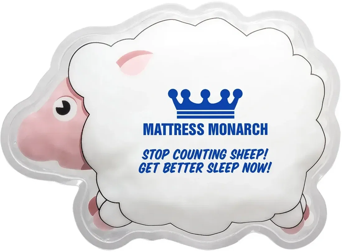 Sheep-shaped hot and cold pack with custom logo, branded microwave-and-freeze therapy gift