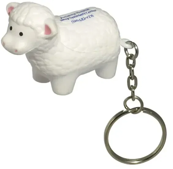 Sheep custom stress reliever keychain, fluffy sheep squeeze toy branded with logo, front view