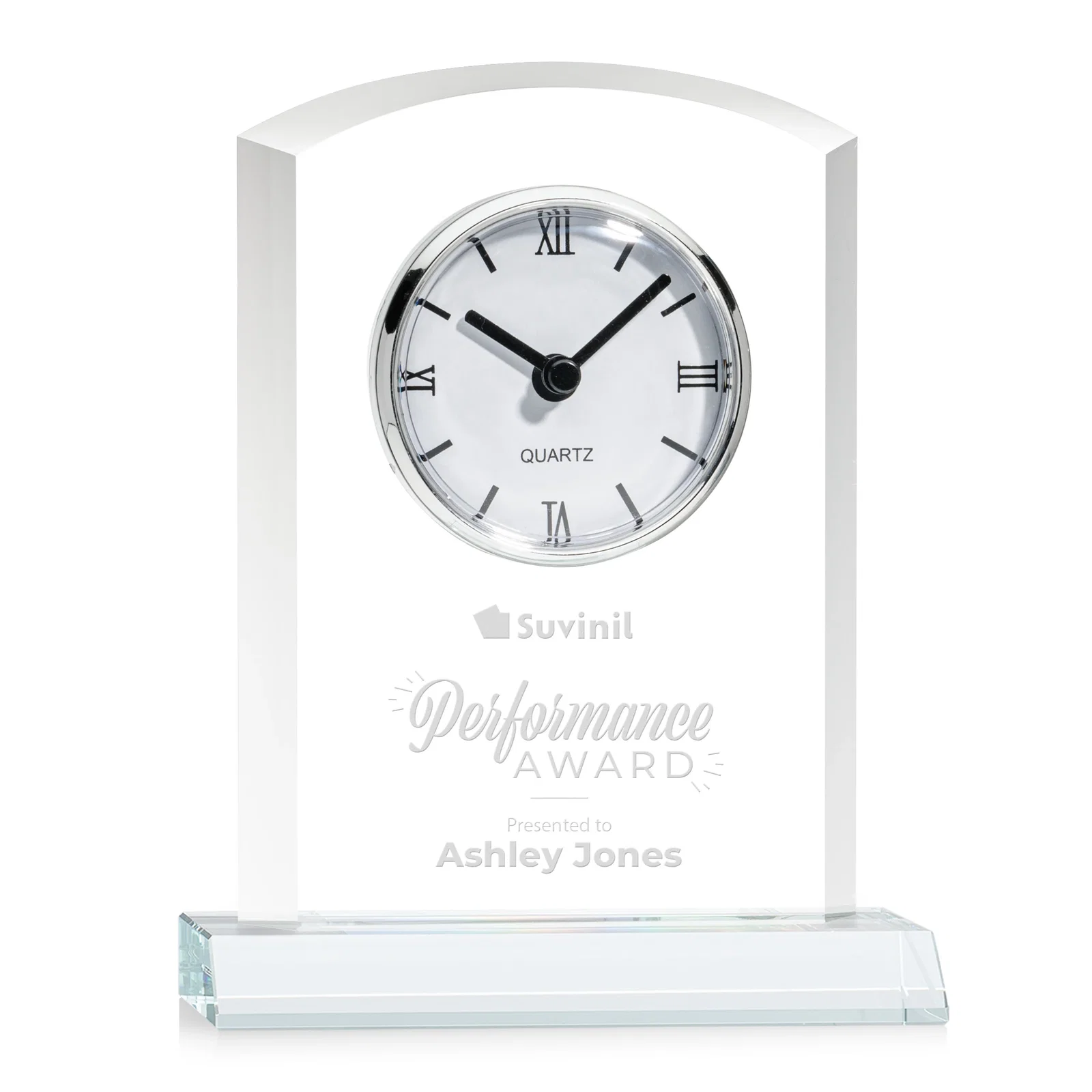 Custom Starfire Crystal Clock With Polished Silver Bezel for employee recognition