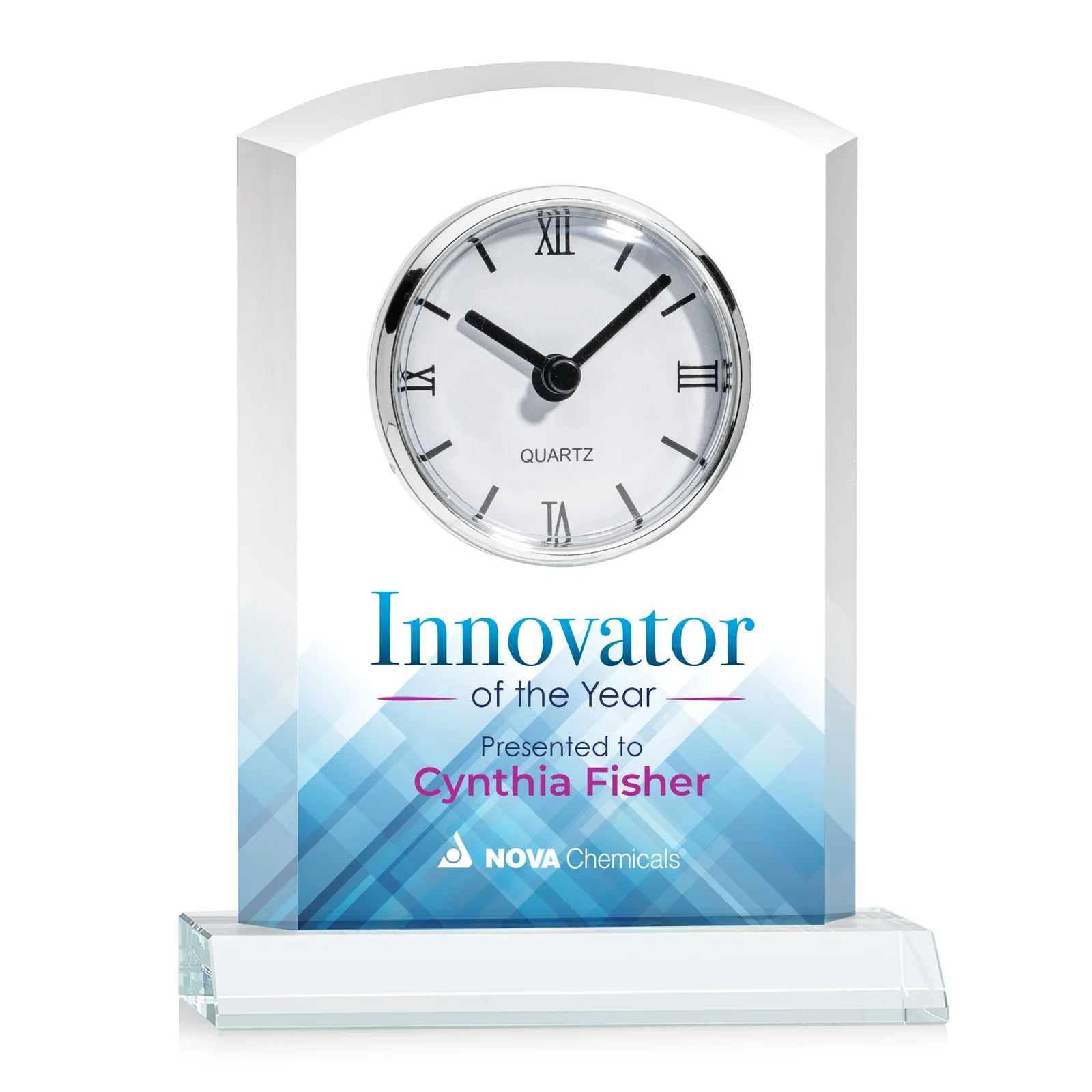 Custom Starfire Crystal Clock With Polished Silver Bezel for volunteer appreciation