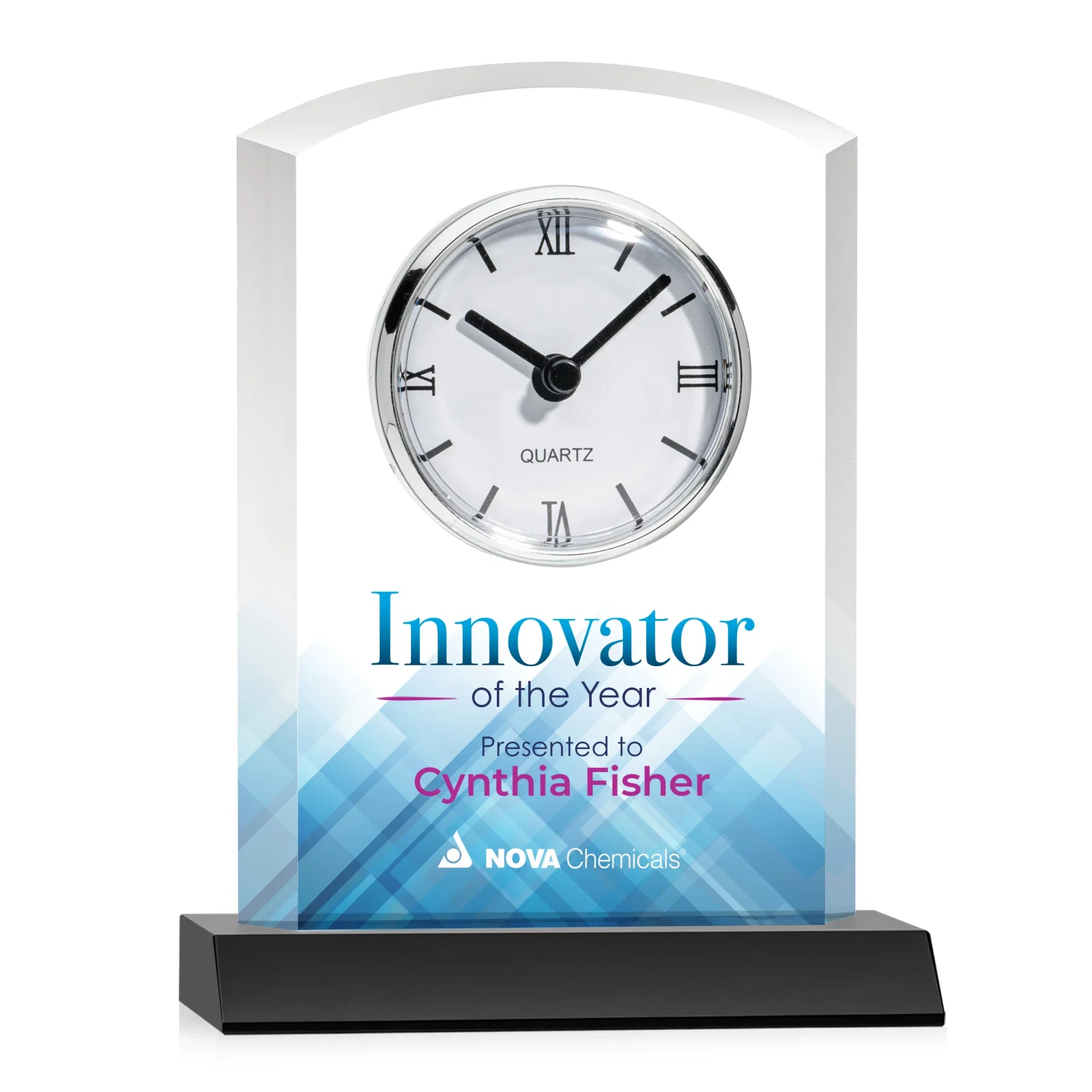 Custom Starfire Crystal Clock With Polished Silver Bezel for dealer and partner awards