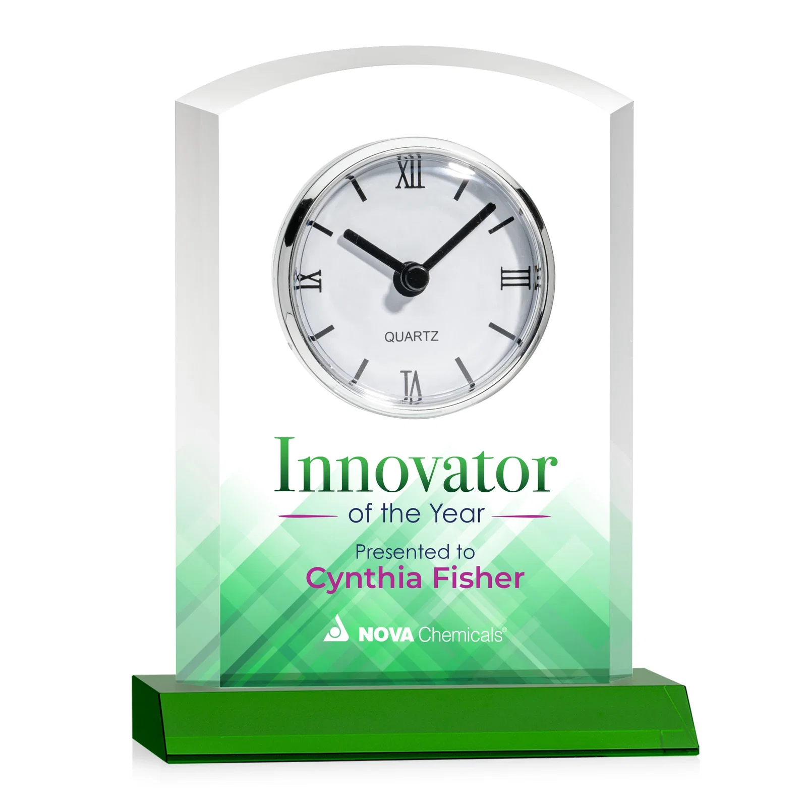 Personalized Starfire Crystal Clock With Polished Silver Bezel for employee recognition