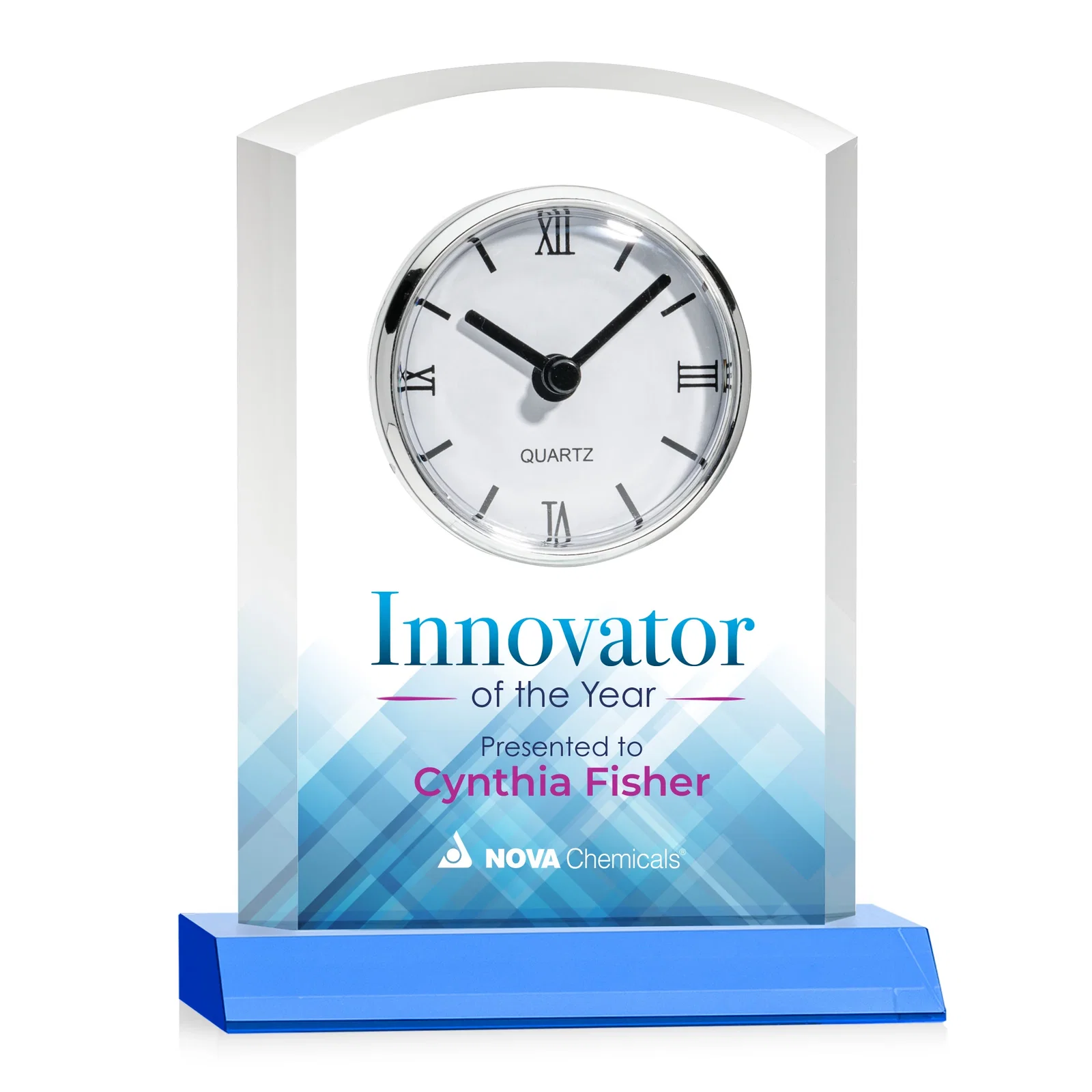 Personalized Starfire Crystal Clock With Polished Silver Bezel for corporate award ceremonies
