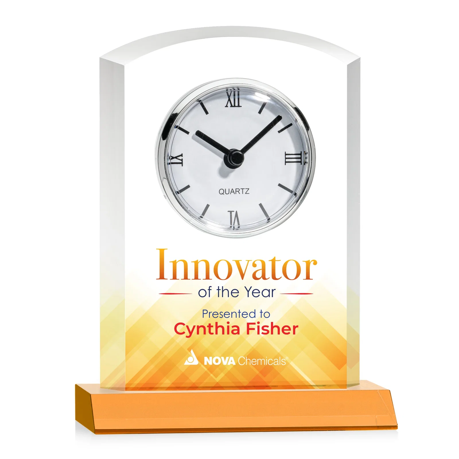 Personalized Starfire Crystal Clock With Polished Silver Bezel for sales achievement awards
