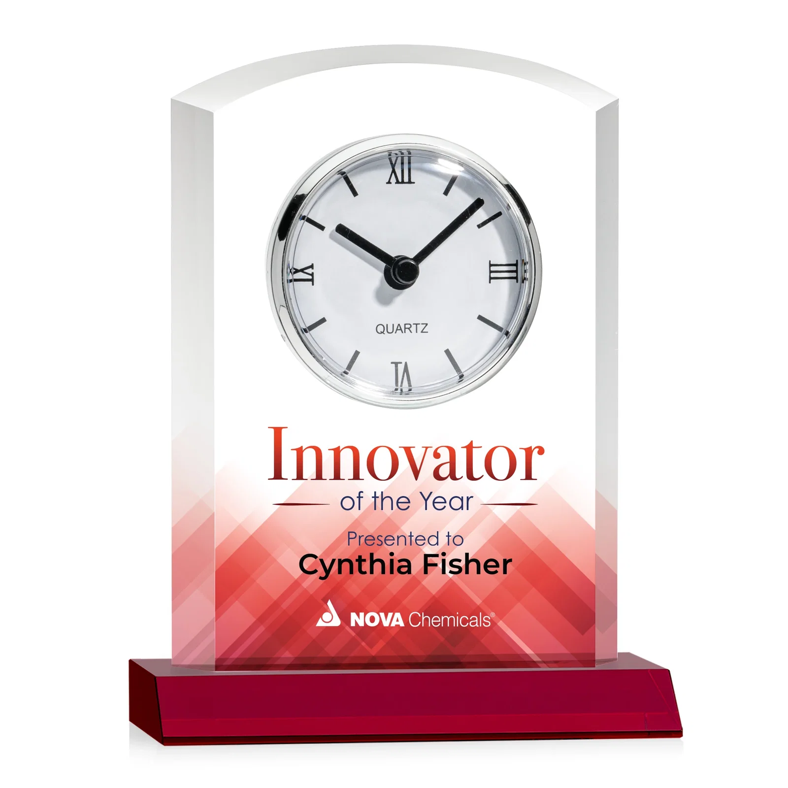 Personalized Starfire Crystal Clock With Polished Silver Bezel for retirement presentations