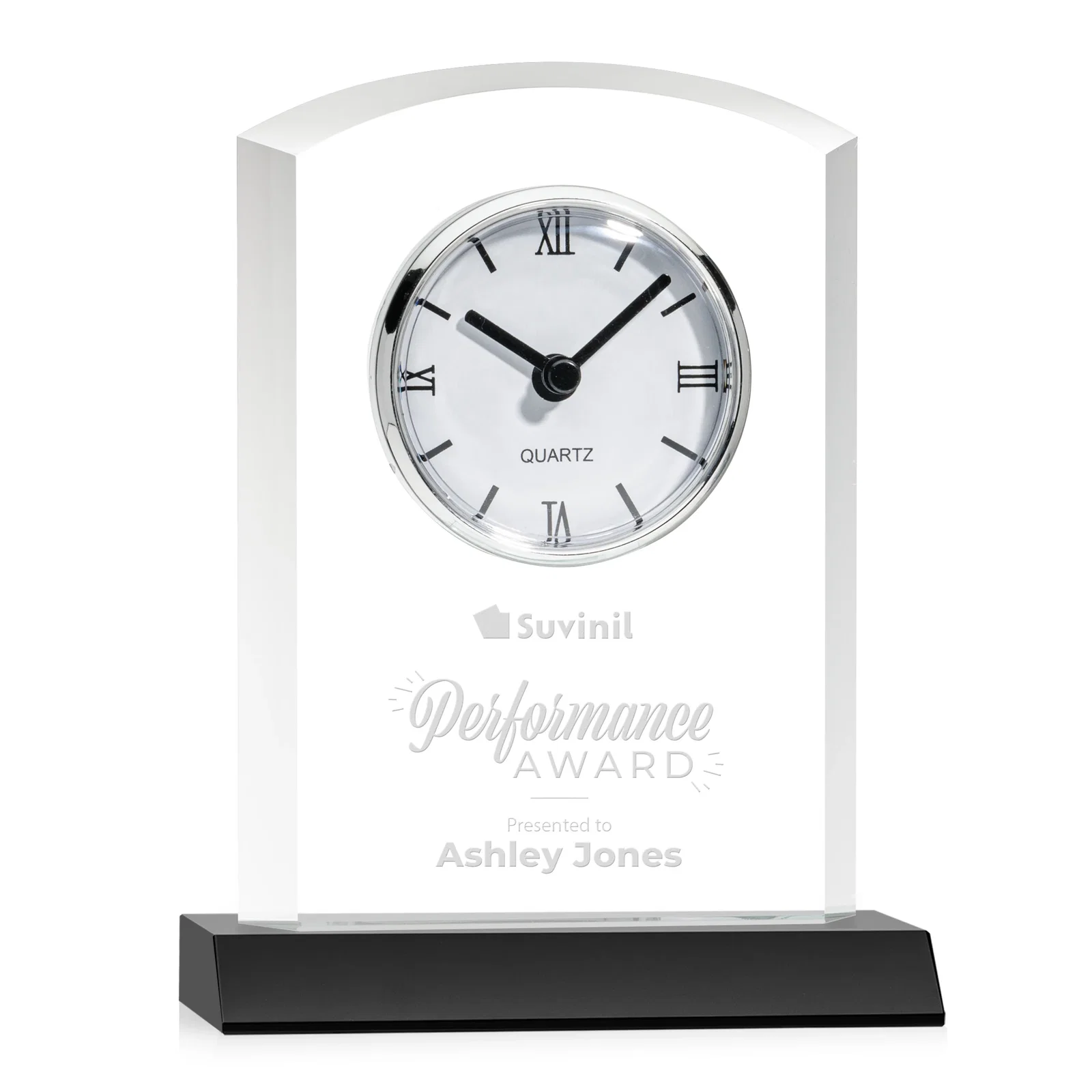 Custom Starfire Crystal Clock With Polished Silver Bezel for corporate award ceremonies
