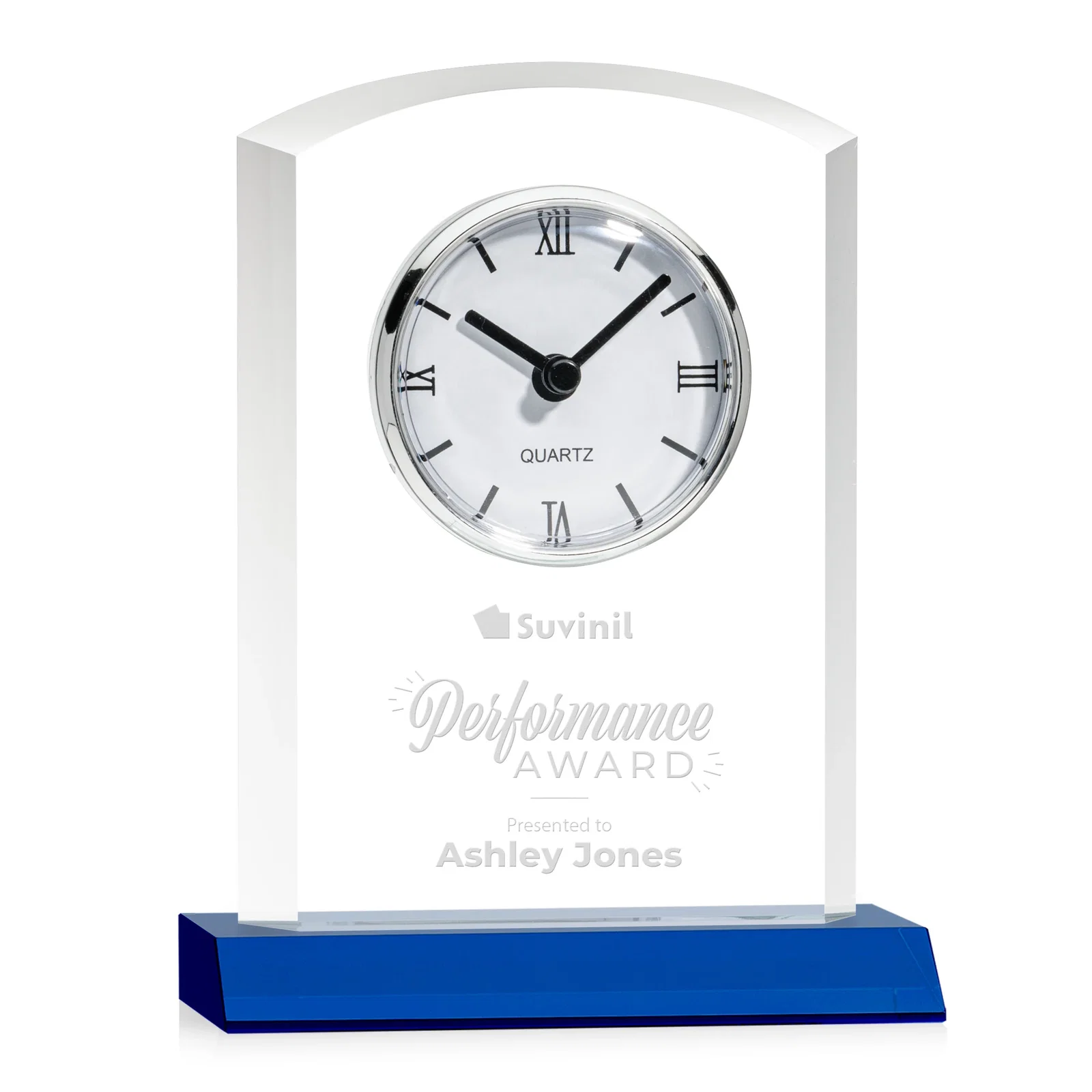 Custom Starfire Crystal Clock With Polished Silver Bezel for service anniversary gifts