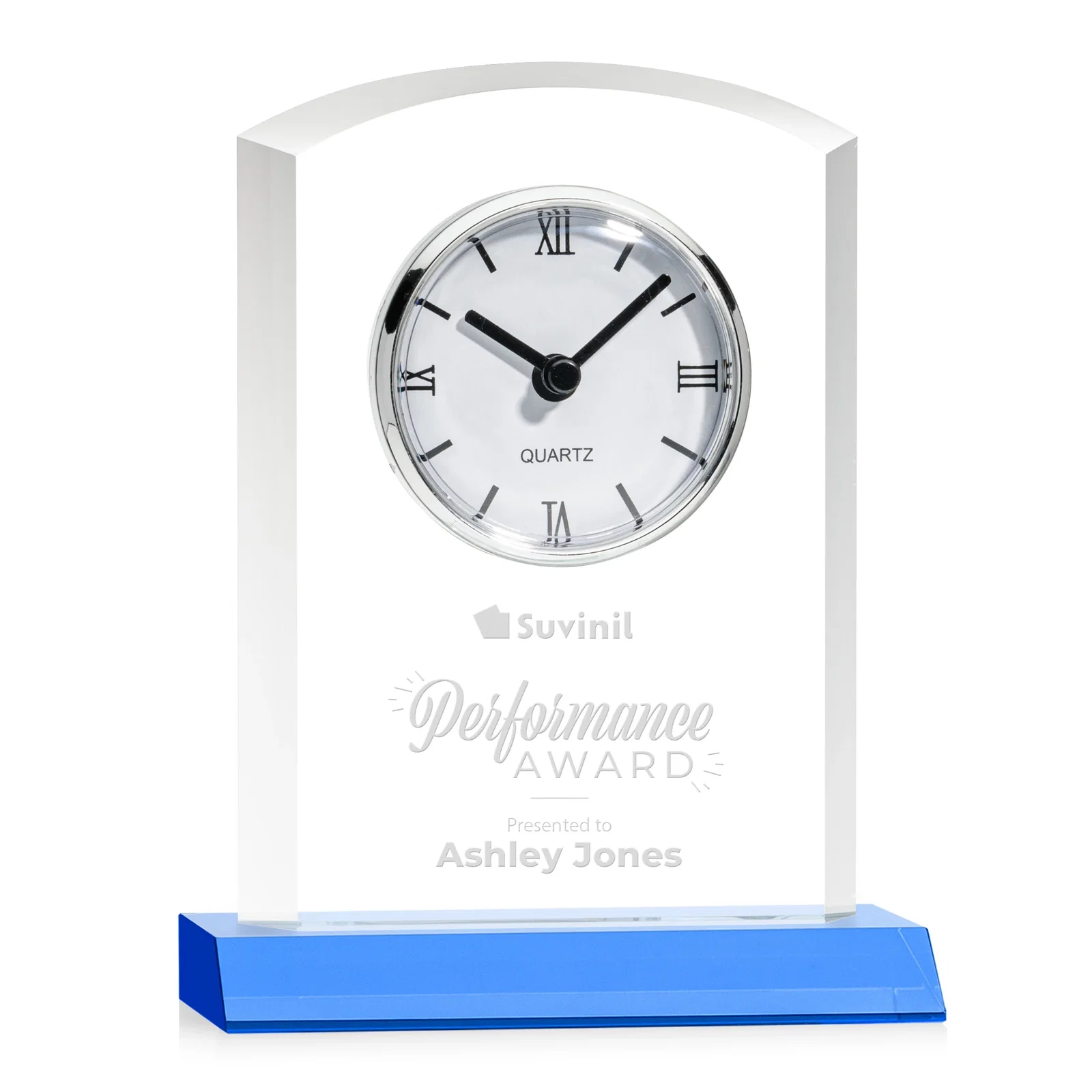 Custom Starfire Crystal Clock With Polished Silver Bezel for retirement presentations