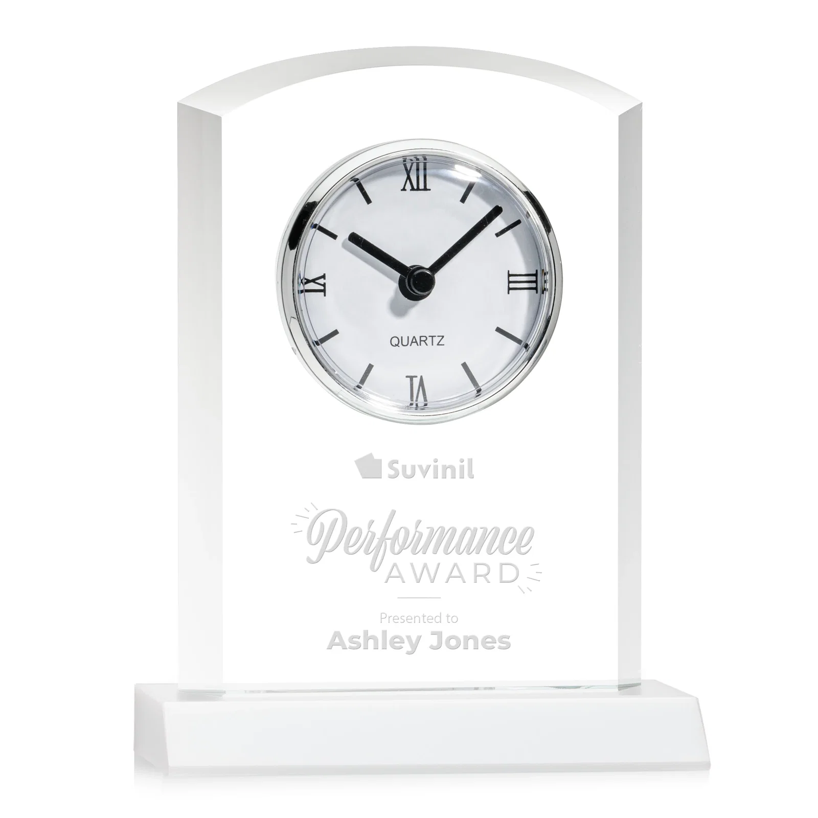 Custom Starfire Crystal Clock With Polished Silver Bezel for team milestone celebrations